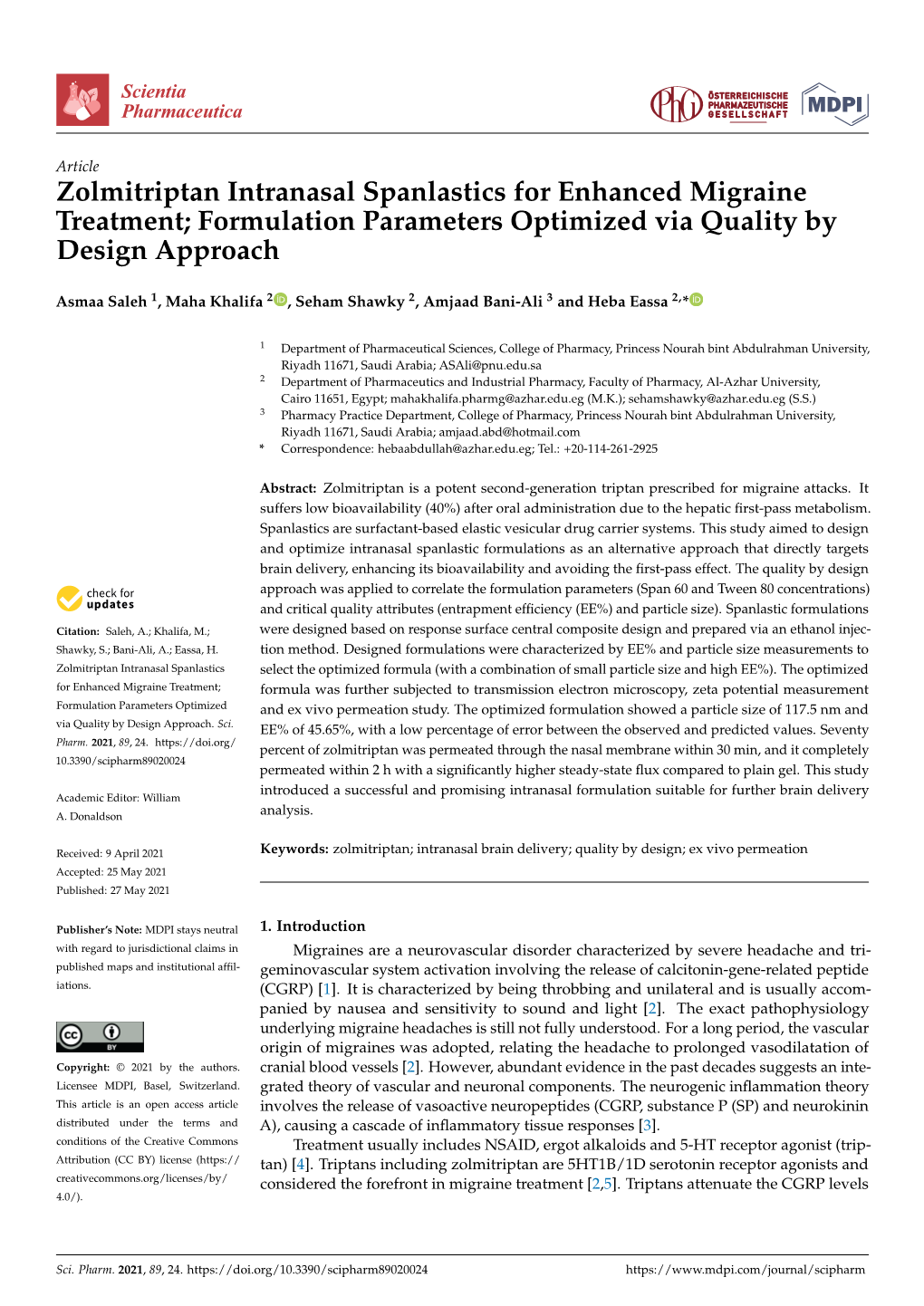 Zolmitriptan Intranasal Spanlastics for Enhanced Migraine Treatment; Formulation Parameters Optimized Via Quality by Design Approach