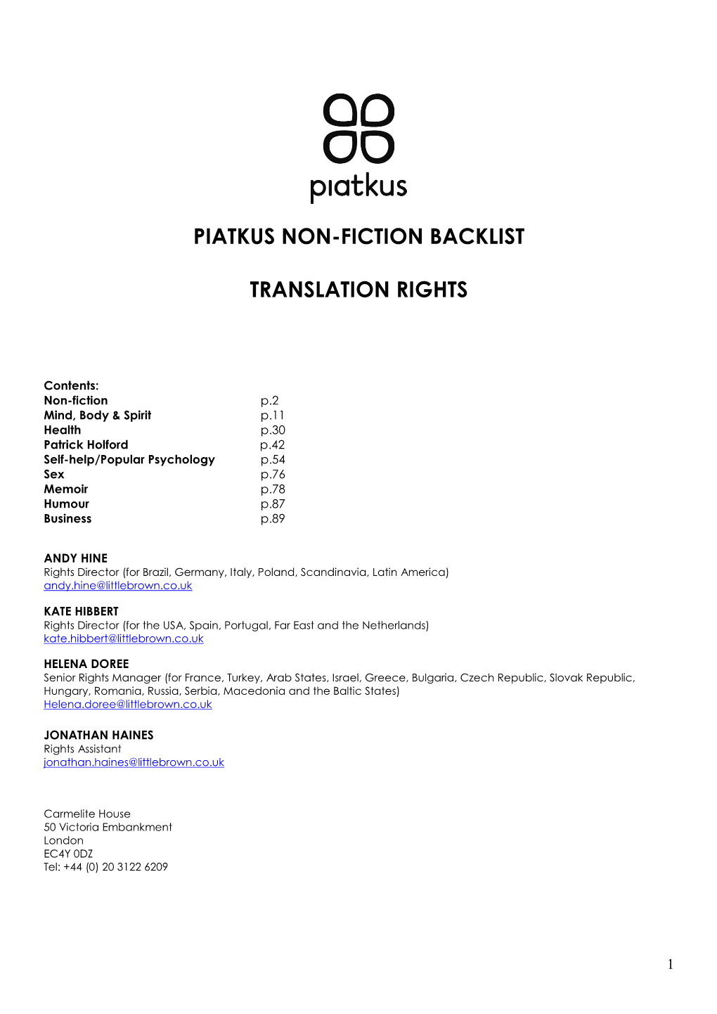 Piatkus Non-Fiction Backlist Translation Rights