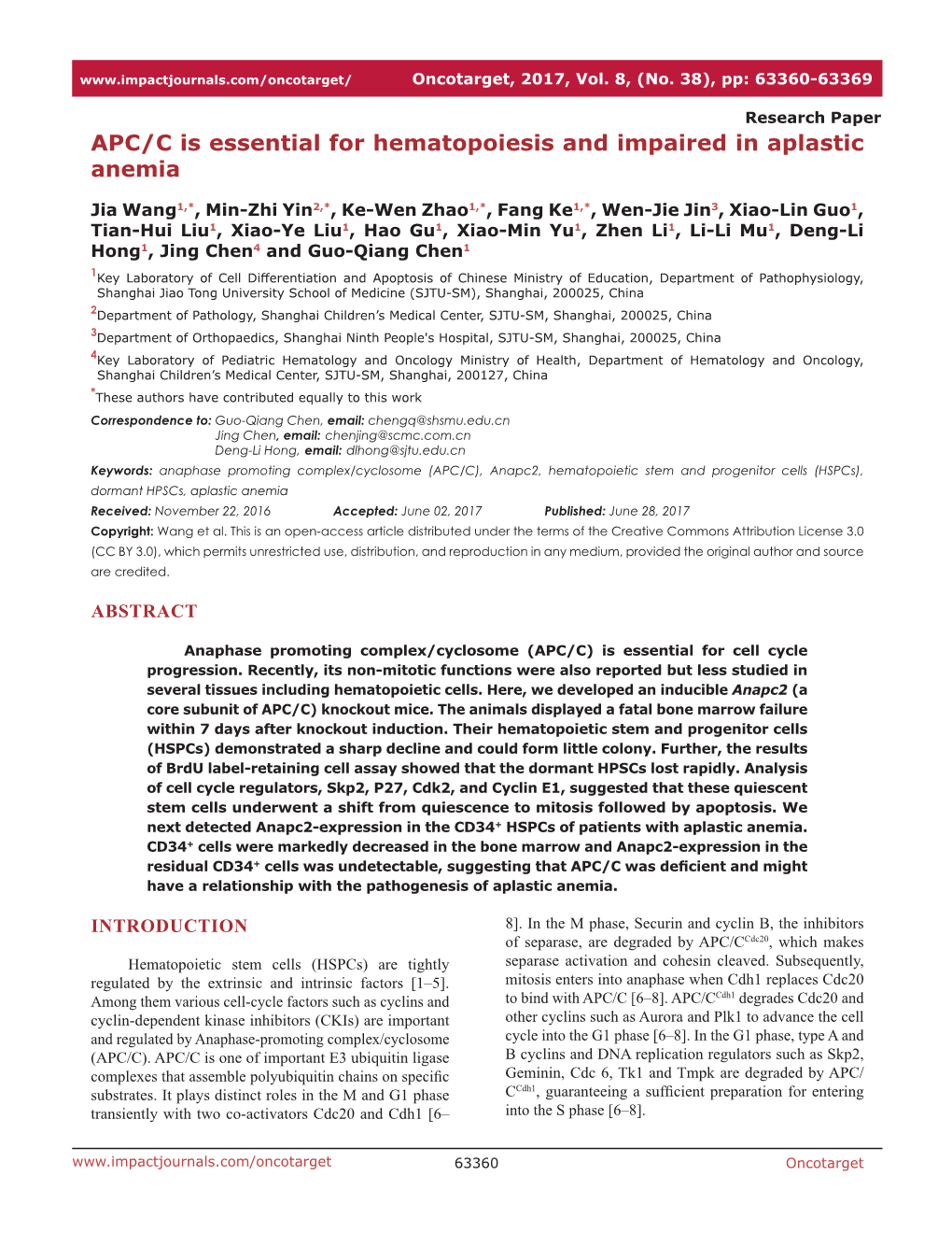 APC/C Is Essential for Hematopoiesis and Impaired in Aplastic Anemia