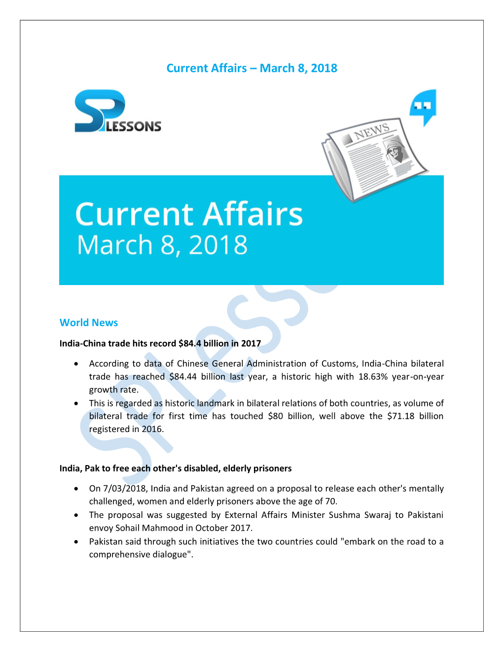 Current Affairs – March 8, 2018