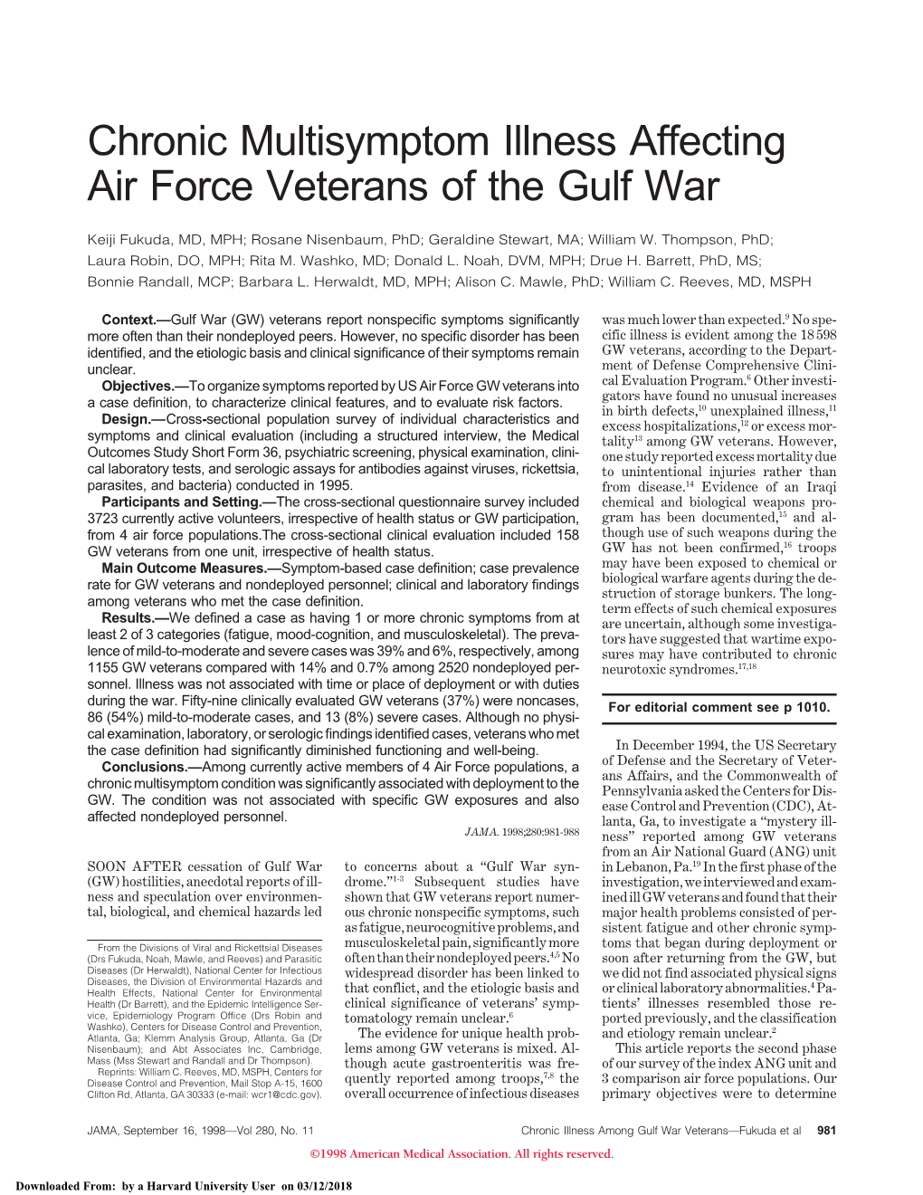 Chronic Multisymptom Illness Affecting Air Force Veterans of the Gulf War