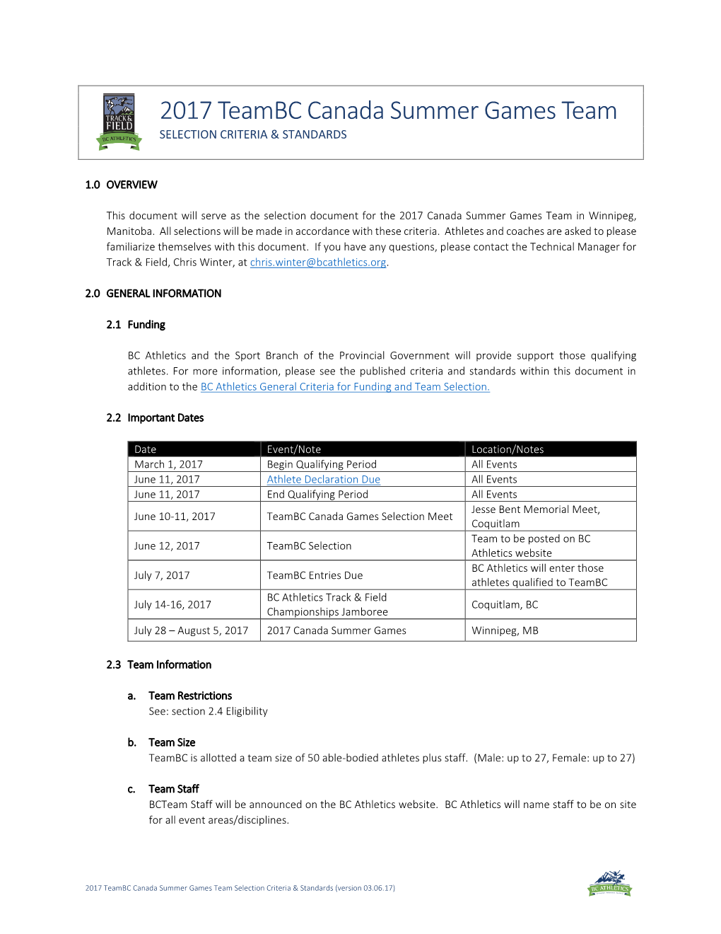 2017 Teambc Canada Summer Games Team SELECTION CRITERIA & STANDARDS