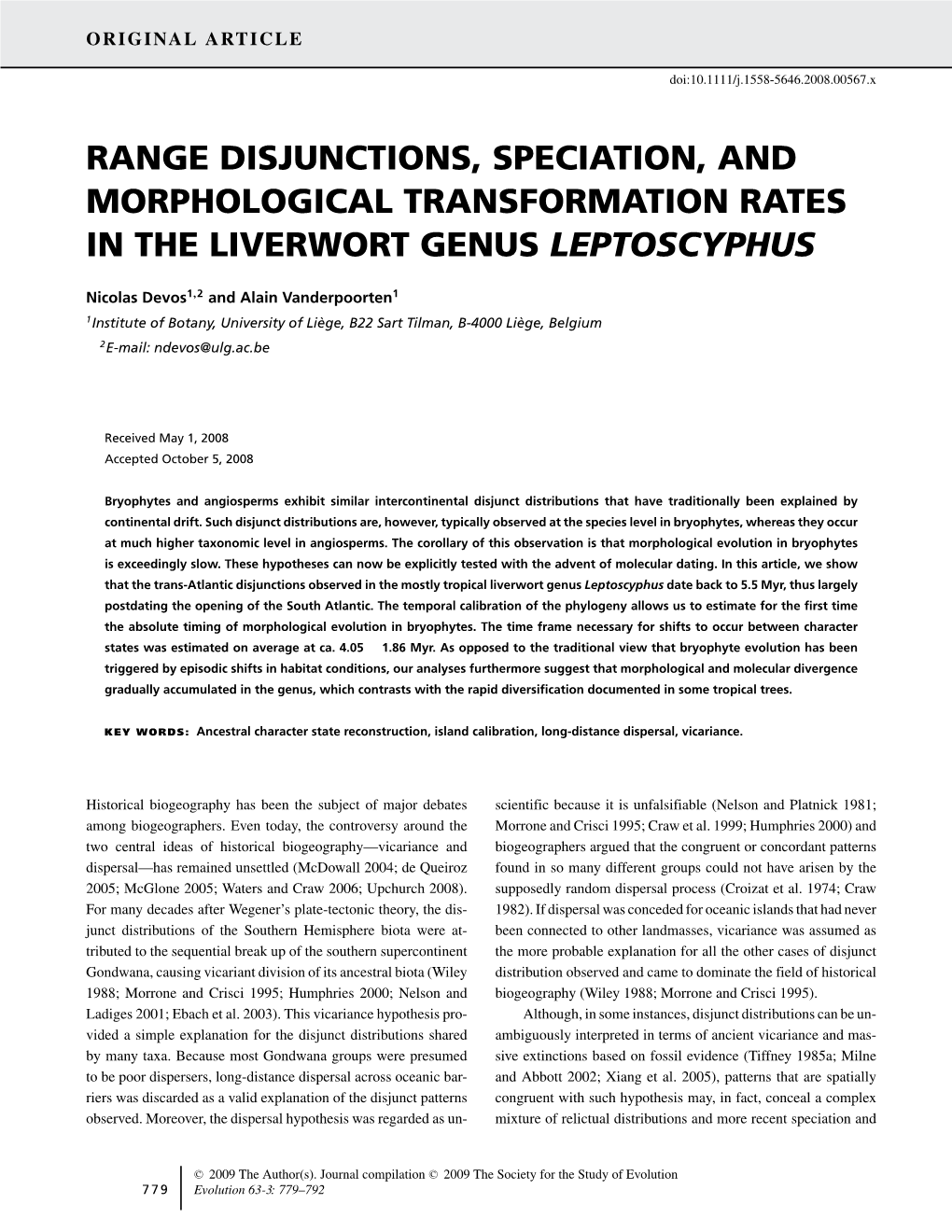 Range Disjunctions, Speciation, and Morphological Transformation Rates in the Liverwort Genus Leptoscyphus