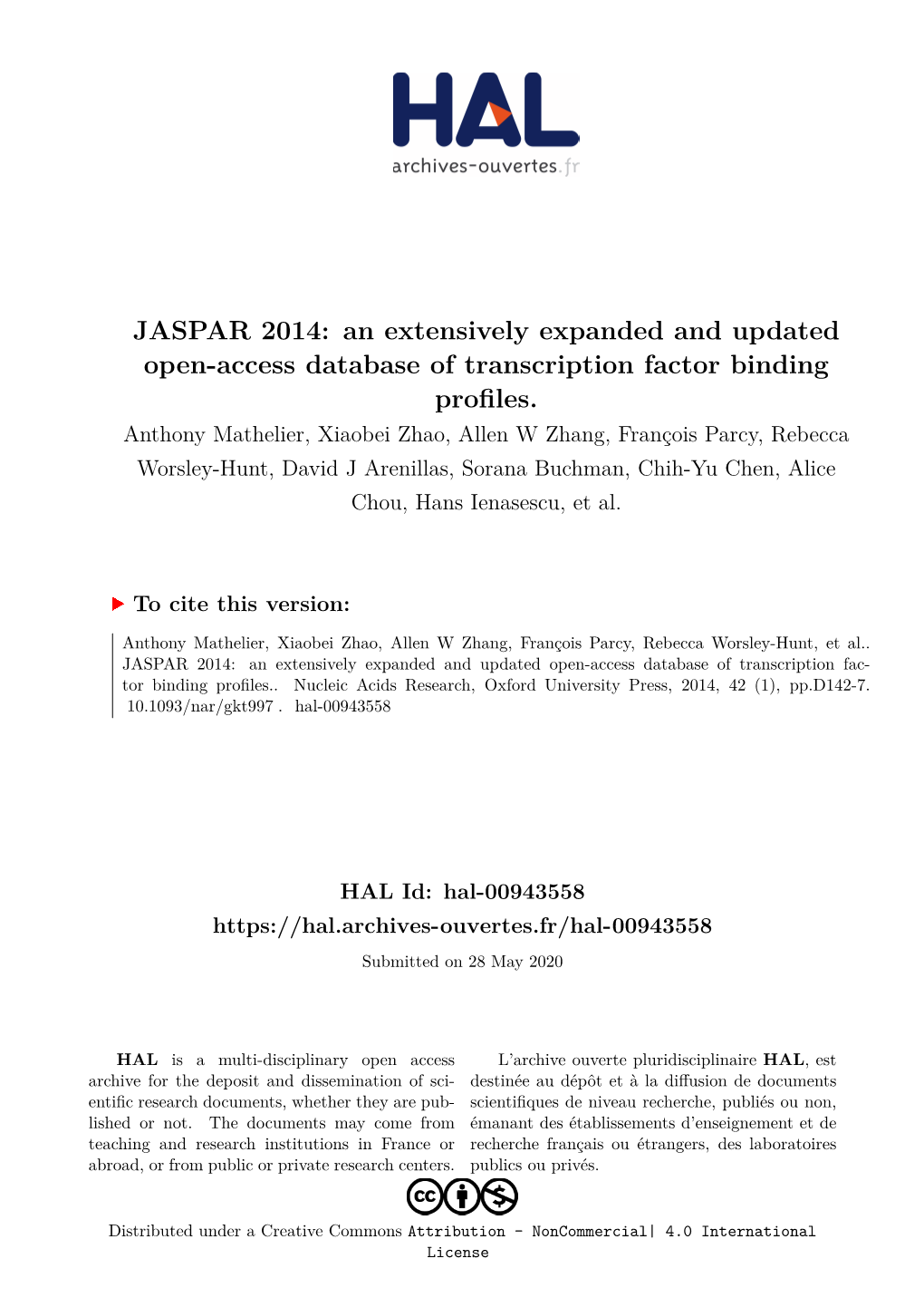 JASPAR 2014: an Extensively Expanded and Updated Open-Access Database of Transcription Factor Binding Profiles