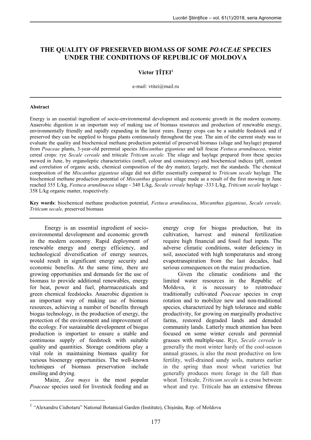 The Quality of Preserved Biomass of Some Poaceae Species Under the Conditions of Republic of Moldova