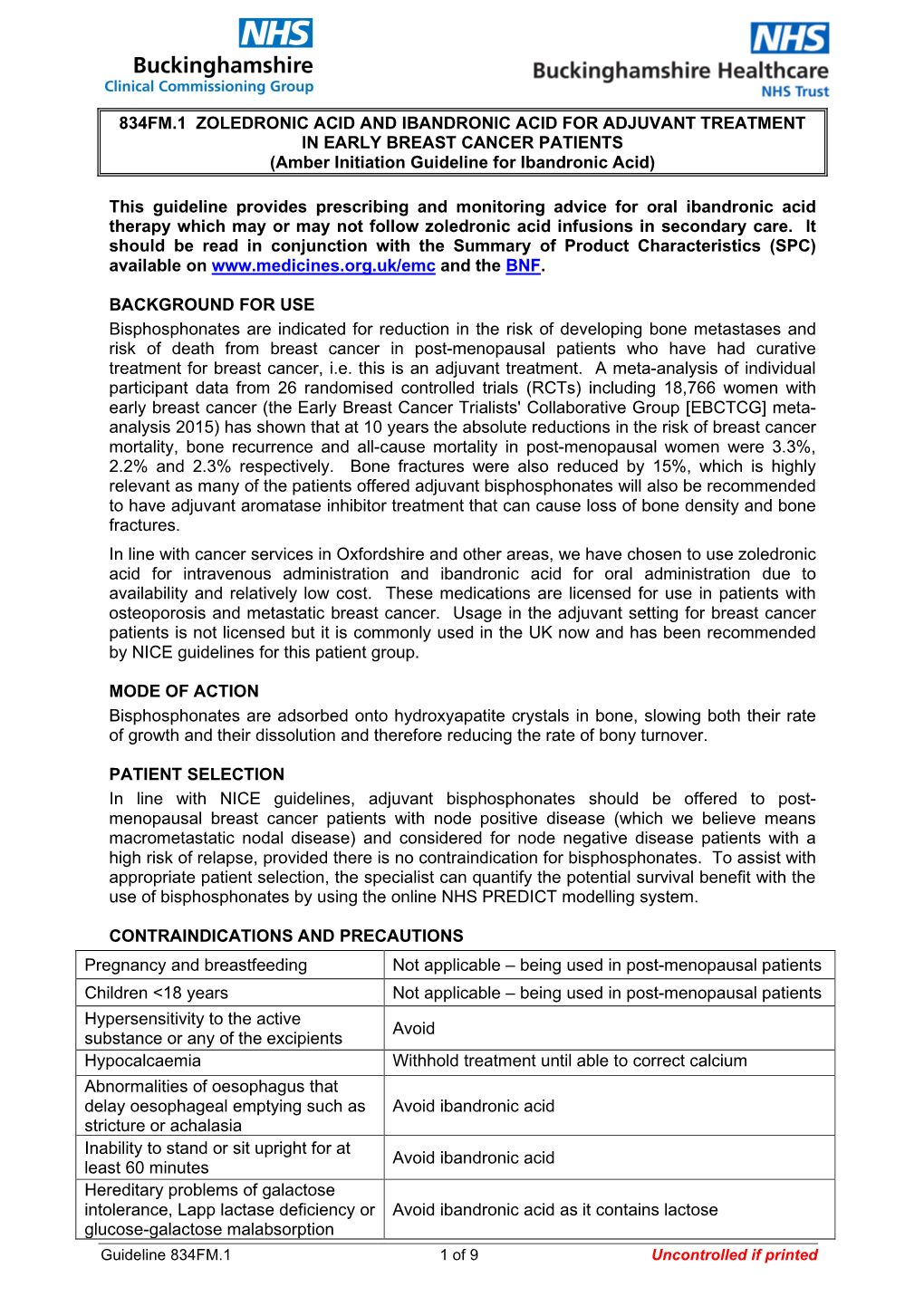 834FM.1 ZOLEDRONIC ACID and IBANDRONIC ACID for ADJUVANT TREATMENT in EARLY BREAST CANCER PATIENTS (Amber Initiation Guideline for Ibandronic Acid)