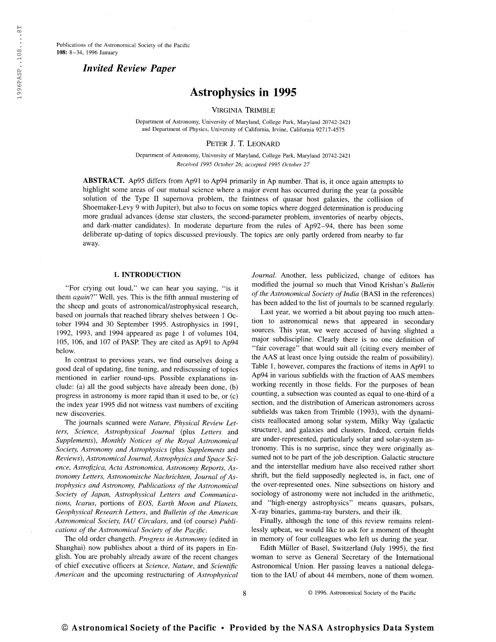 Publications of the Astronomical Society of the Pacific 108: 8-34, 1996 January