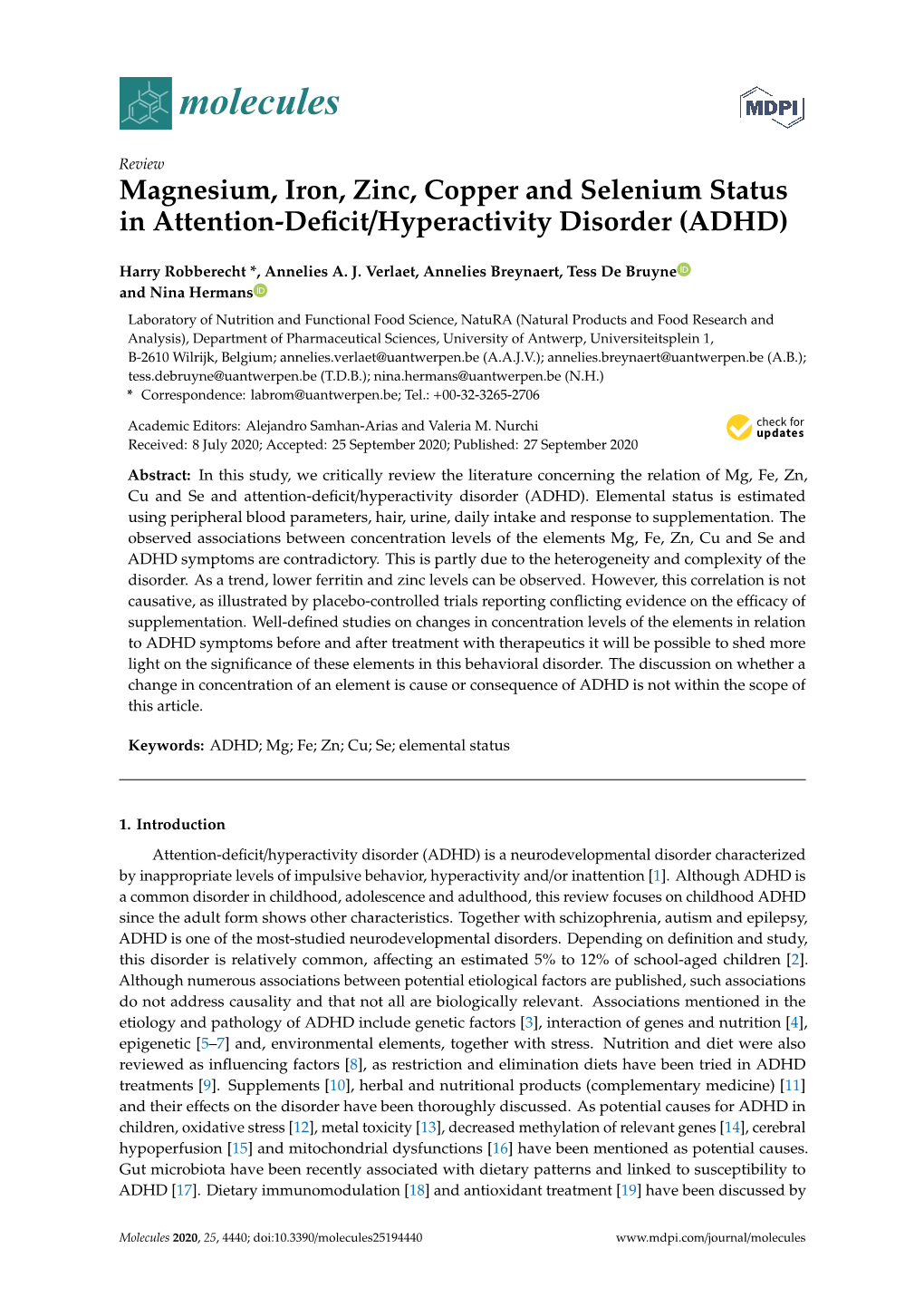 Magnesium, Iron, Zinc, Copper and Selenium Status in Attention-Deficit