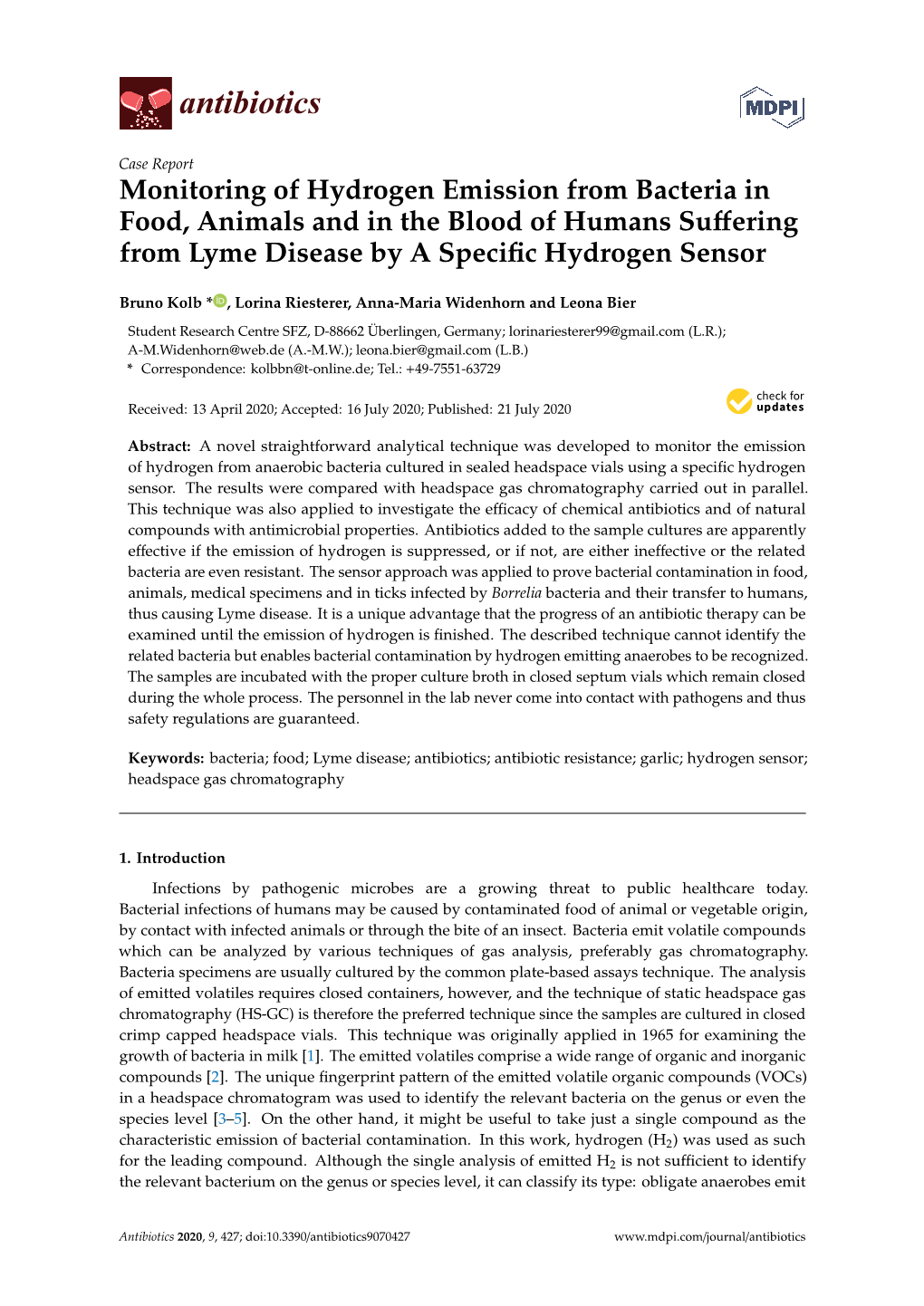 Monitoring of Hydrogen Emission from Bacteria in Food, Animals and in the Blood of Humans Suﬀering from Lyme Disease by a Speciﬁc Hydrogen Sensor