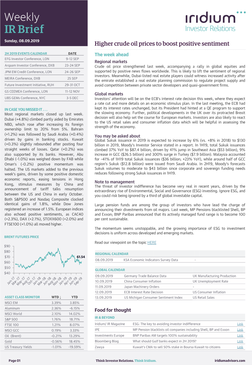 IR Brief Sunday, 08.09.2019 Higher Crude Oil Prices to Boost Positive Sentiment