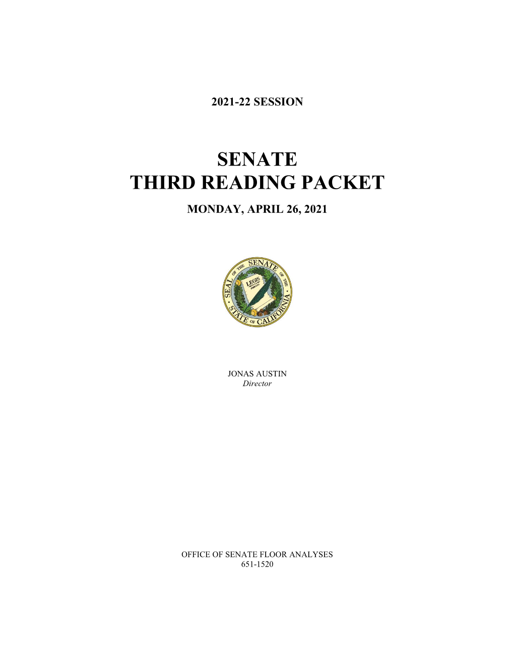 Senate Third Reading Packet Monday, April 26, 2021