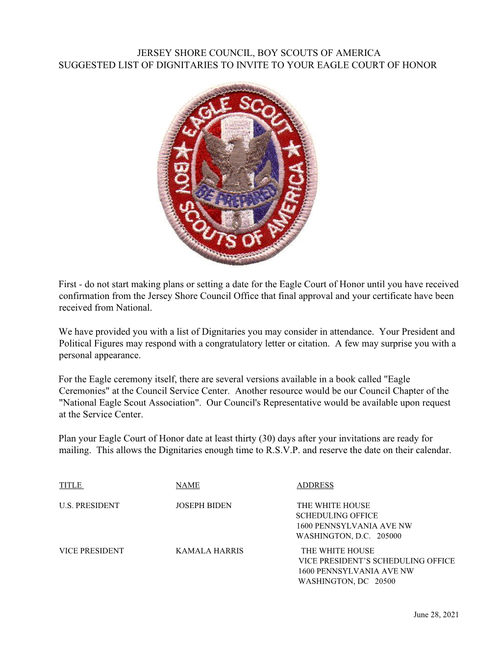 Jersey Shore Council, Boy Scouts of America Suggested List of Dignitaries to Invite to Your Eagle Court of Honor