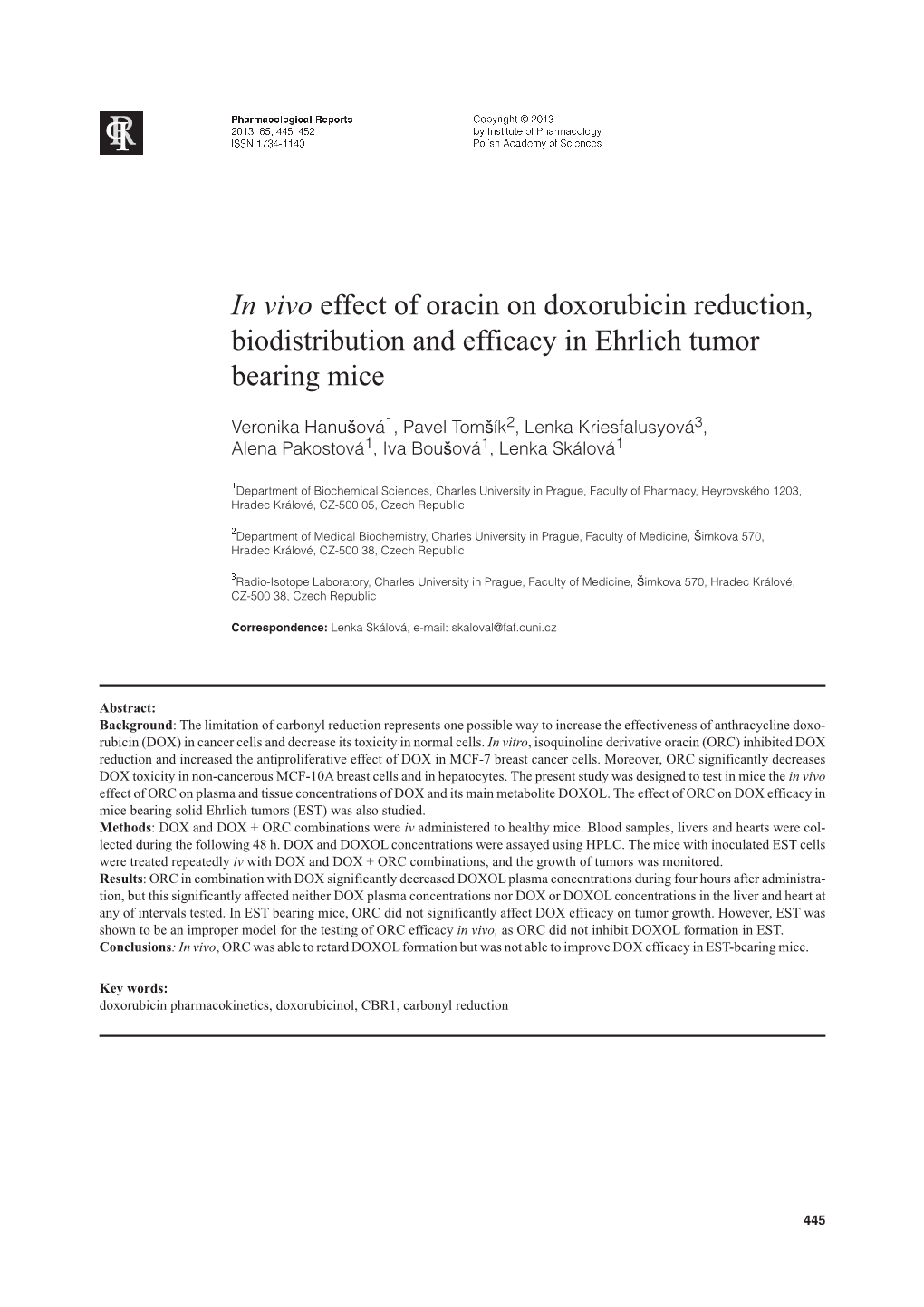 In Vivo Effect of Oracin on Doxorubicin Reduction, Biodistribution and Efficacy in Ehrlich Tumor Bearing Mice