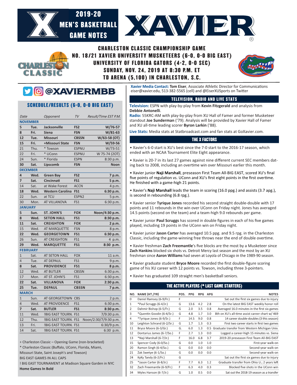 2019-20 Men's Basketball Game Notes