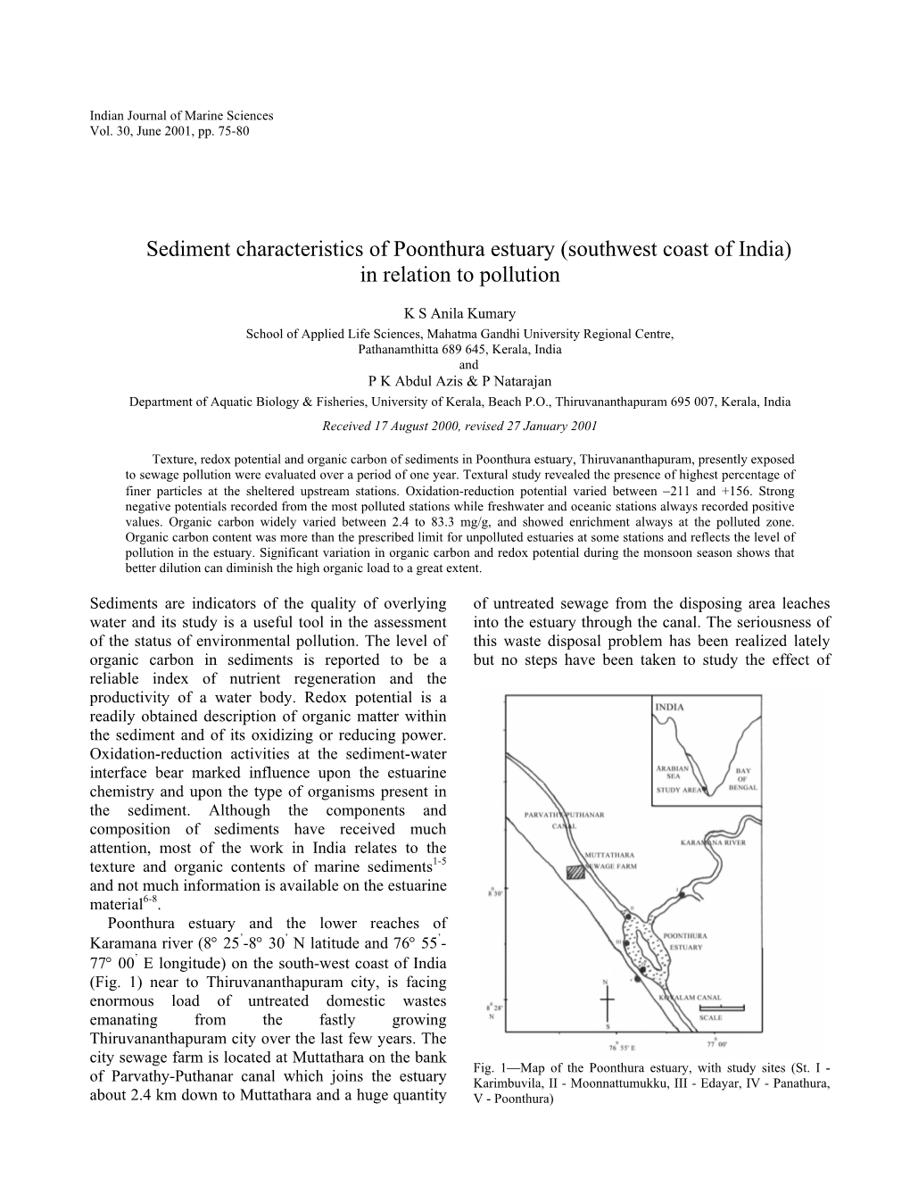 Sediment Characteristics of Poonthura Estuary (Southwest Coast of India) in Relation to Pollution