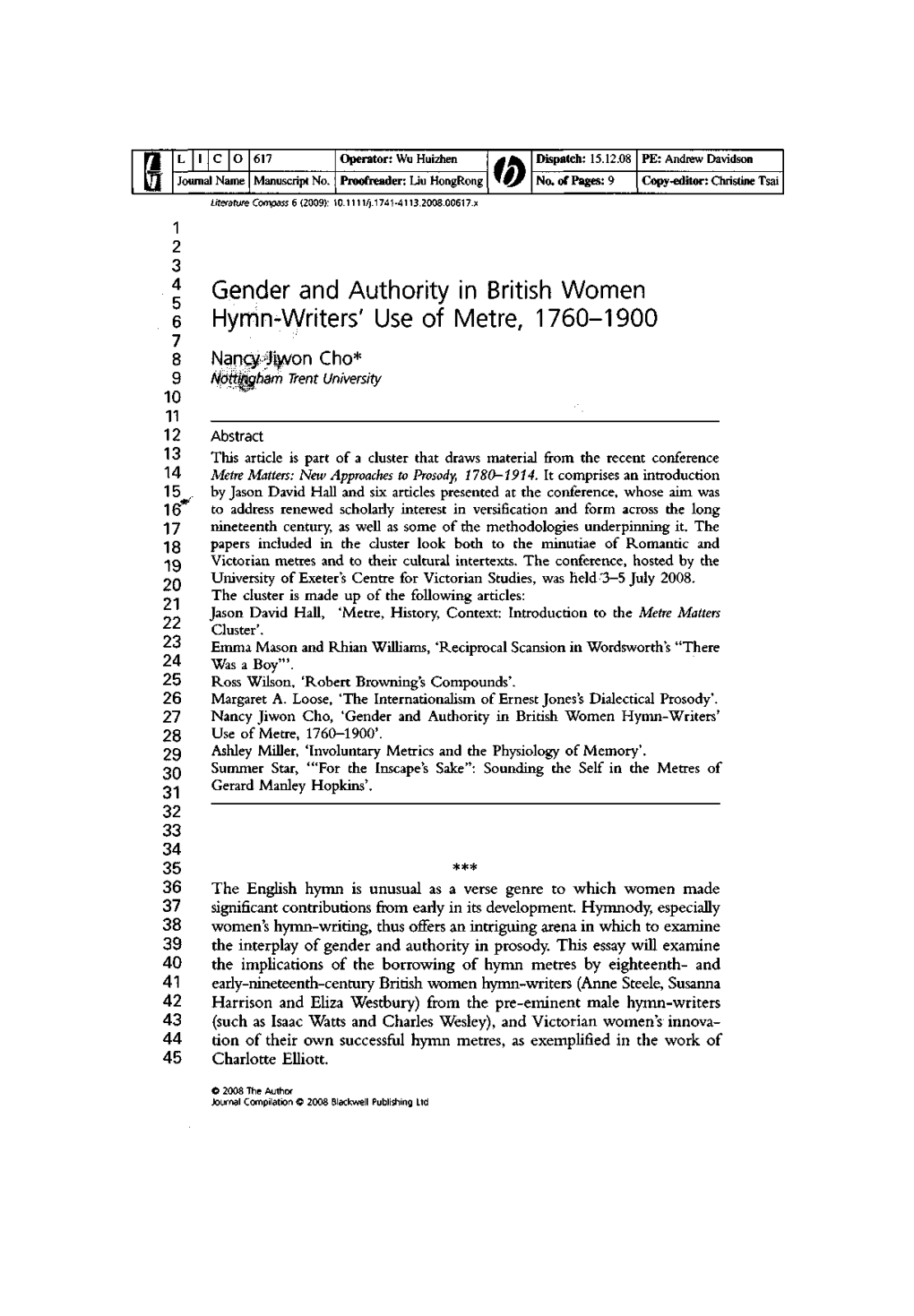 Gender and Authority in British Women Hymn-Writers' Use of Metre, 1760-1900 3