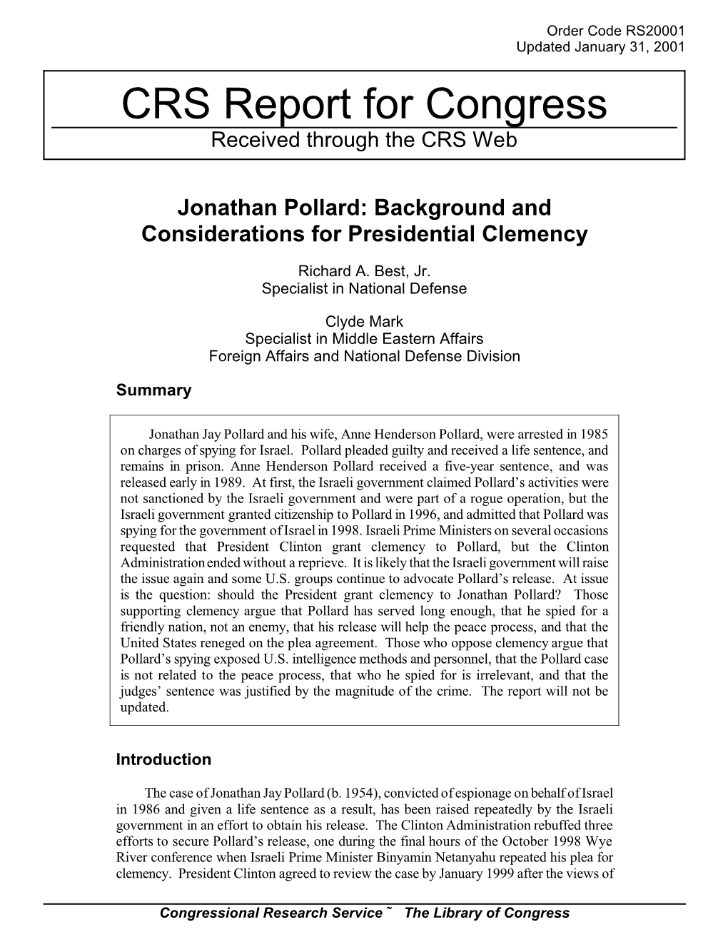 Jonathan Pollard: Background and Considerations for Presidential Clemency