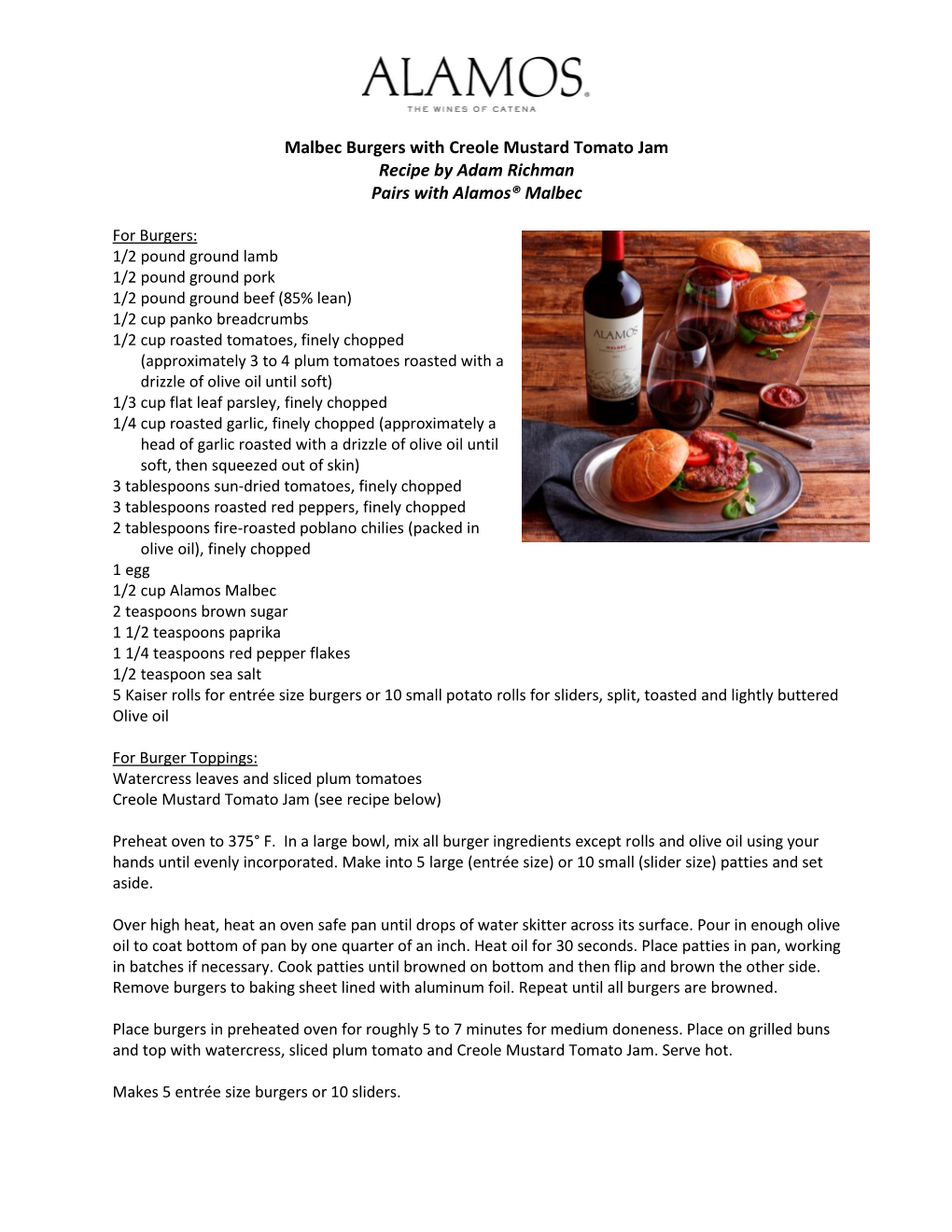 Malbec Burgers with Creole Mustard Tomato Jam Recipe by Adam Richman Pairs with Alamos® Malbec