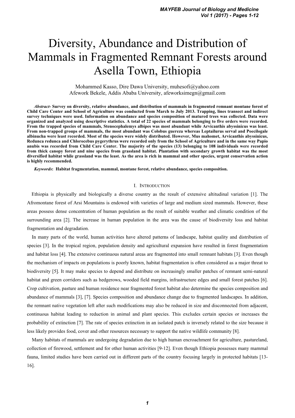 Diversity, Abundance and Distribution of Mammals in Fragmented Remnant Forests Around Asella Town, Ethiopia