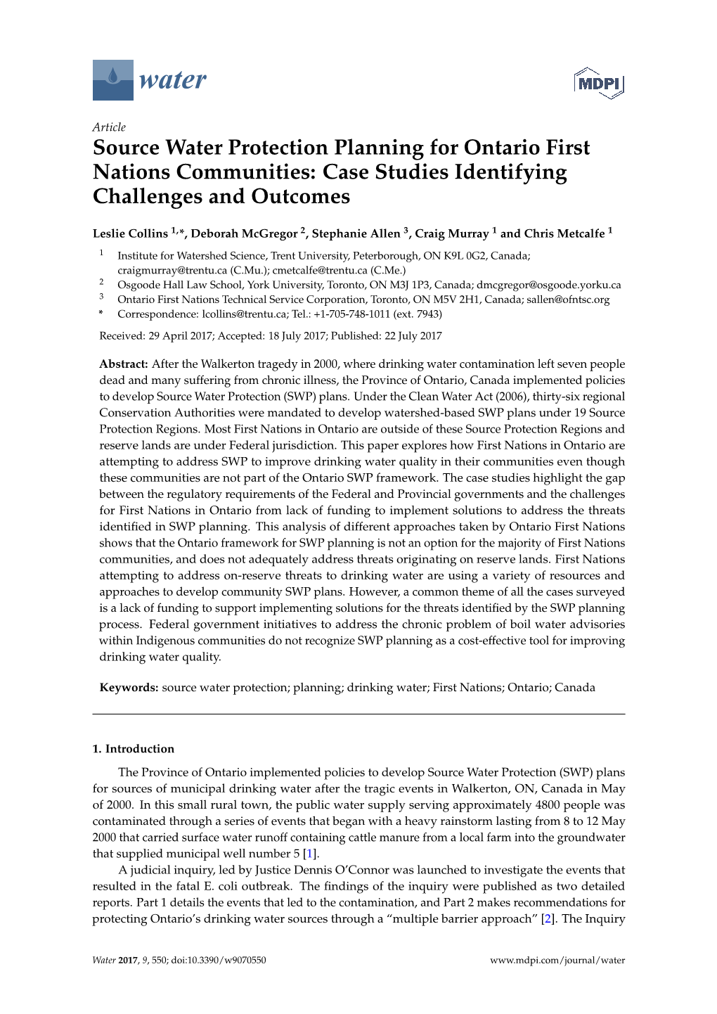 Source Water Protection Planning for Ontario First Nations Communities: Case Studies Identifying Challenges and Outcomes