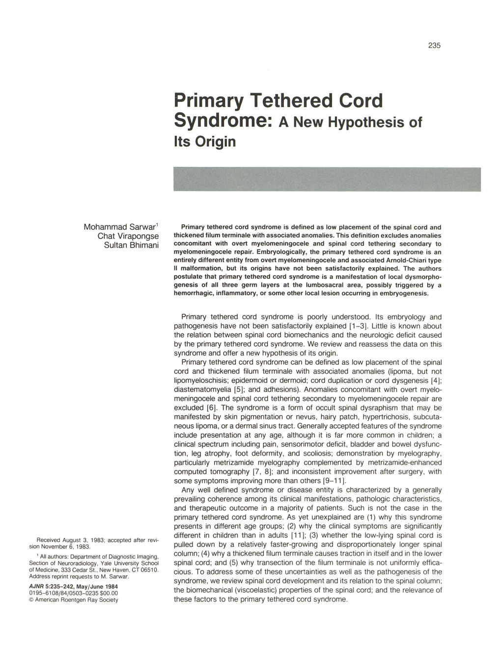 Primary Tethered Cord Syndrome: a New Hypothesis of Its Origin