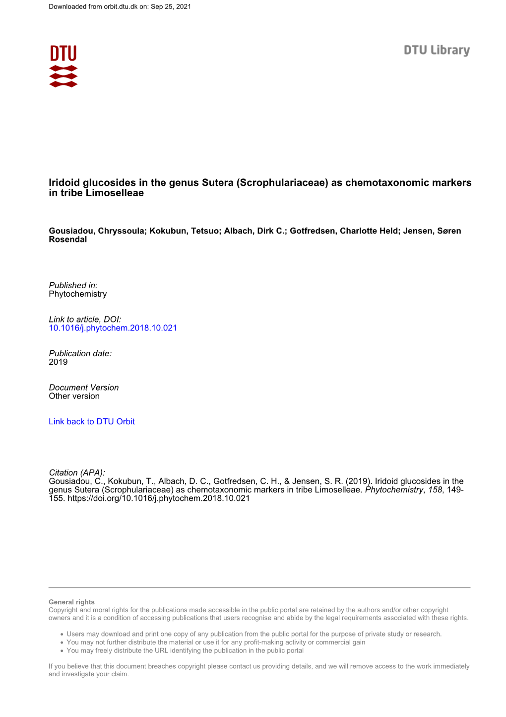 Iridoid Glucosides in the Genus Sutera (Scrophulariaceae) As Chemotaxonomic Markers in Tribe Limoselleae