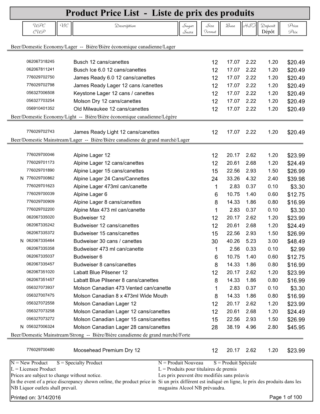 Product Price List - Liste De Prix Des Produits