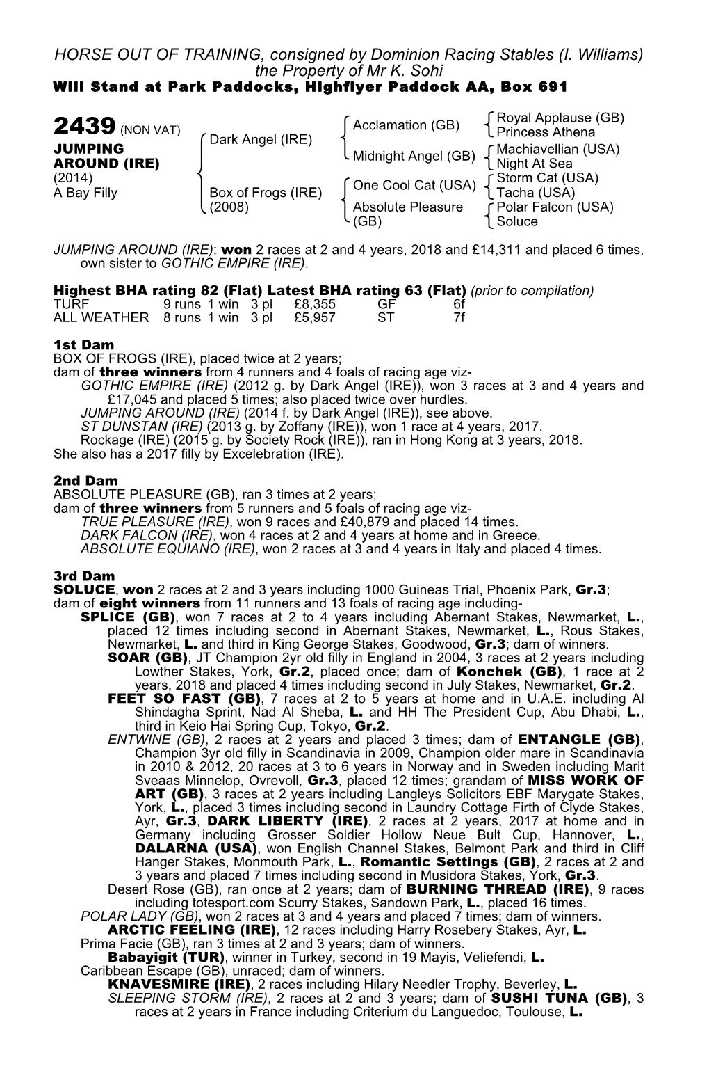 HORSE out of TRAINING, Consigned by Dominion Racing Stables (I. Williams) the Property of Mr K. Sohi Will Stand at Park Paddocks, Highflyer Paddock AA, Box 691