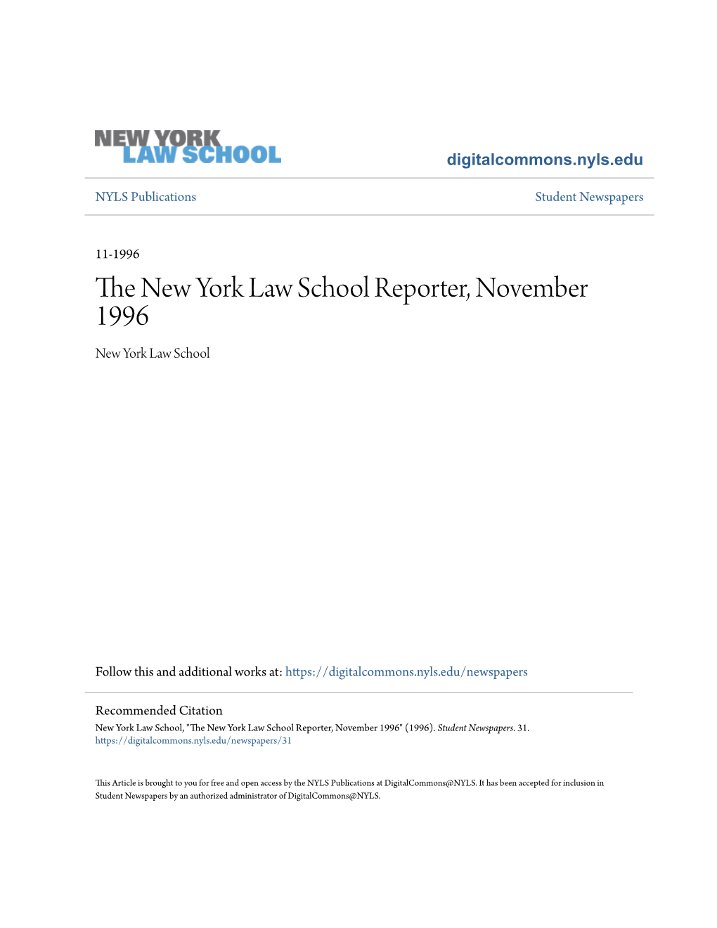 The New York Law School Reporter, November 1996