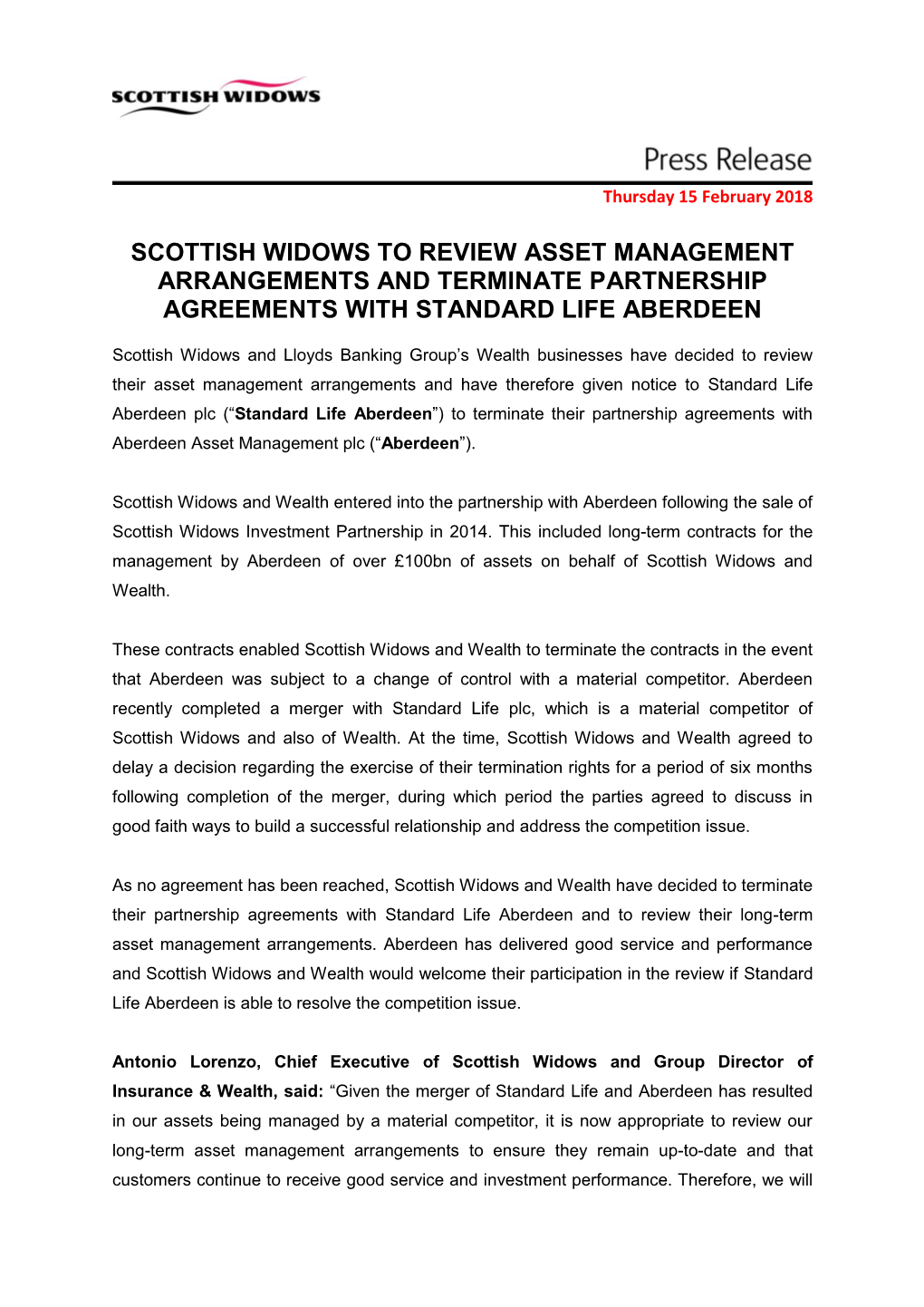 Scottish Widows to Review Asset Management Arrangements and Terminate Partnership Agreements with Standard Life Aberdeen