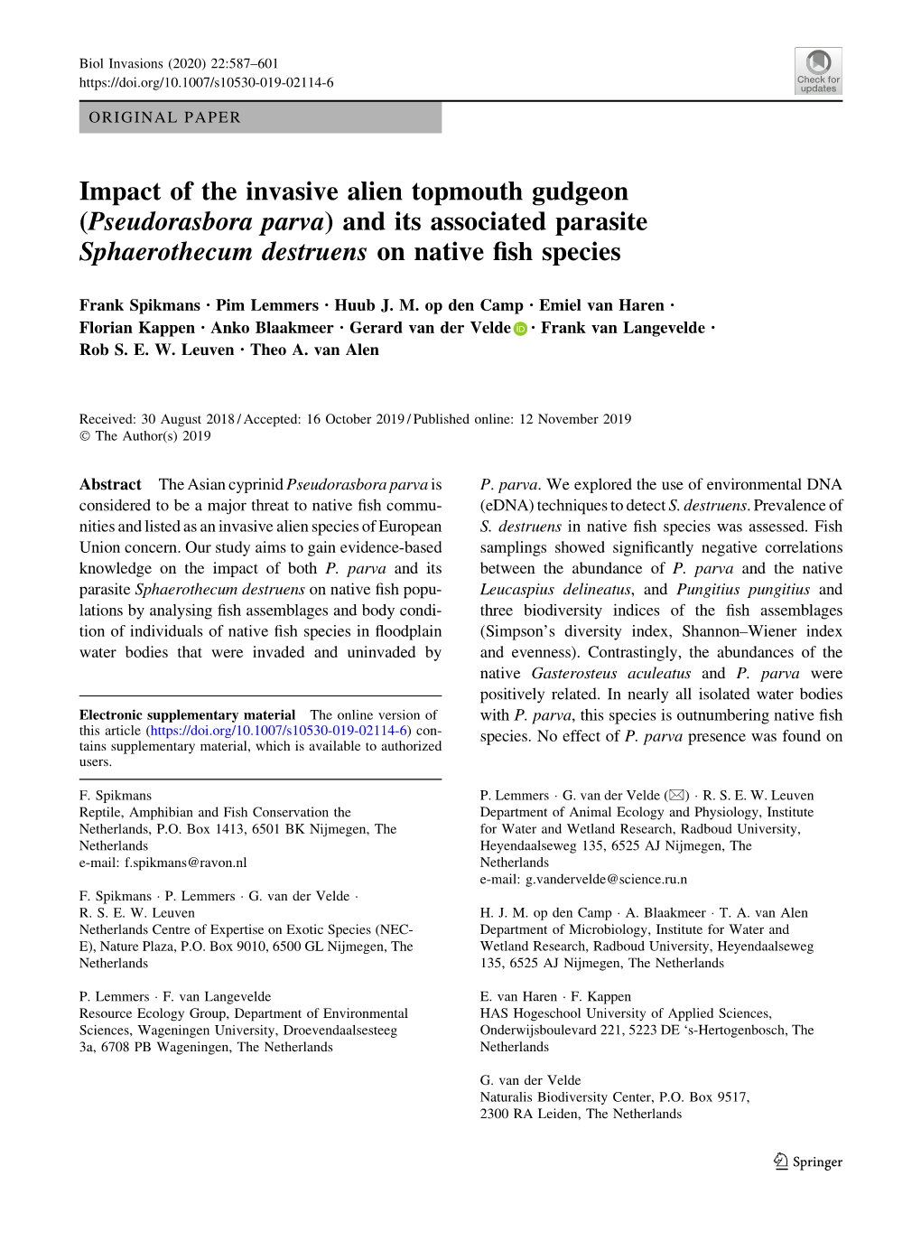 Impact of the Invasive Alien Topmouth Gudgeon (Pseudorasbora Parva) and Its Associated Parasite Sphaerothecum Destruens on Native ﬁsh Species