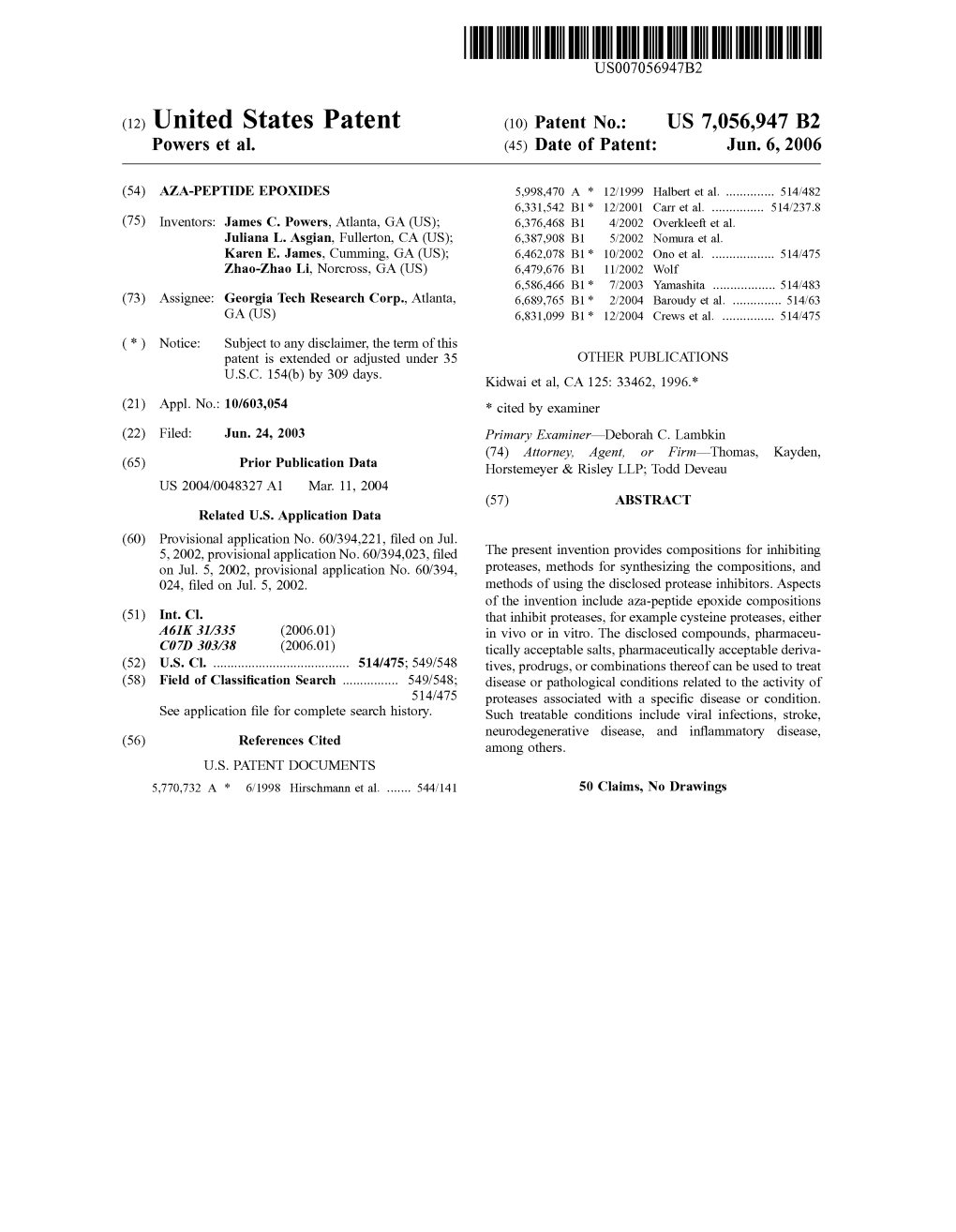 United States Patent (10) Patent N0.: US 7,056,947 B2 Powers Et A]