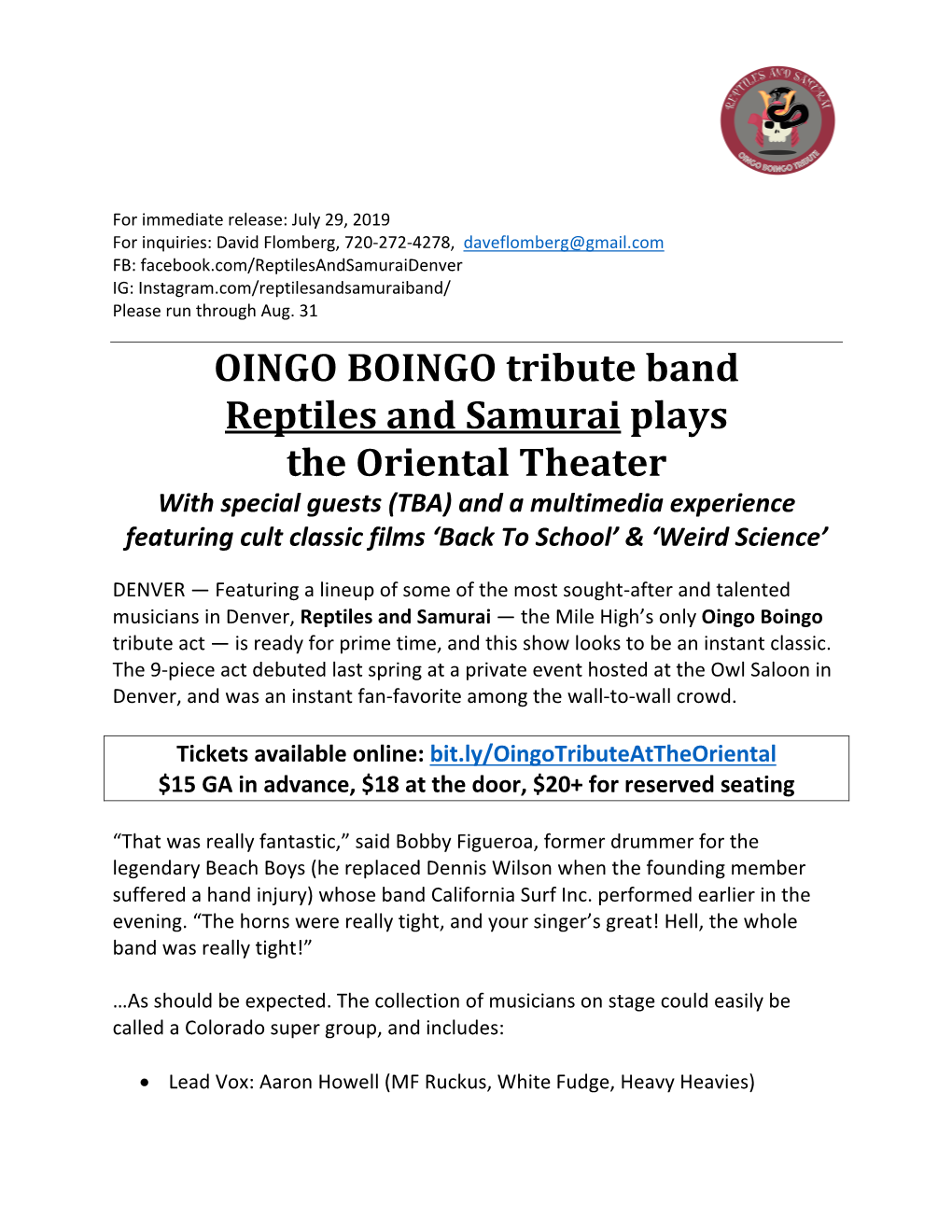 OINGO BOINGO Tribute Band Reptiles and Samurai Plays the Oriental