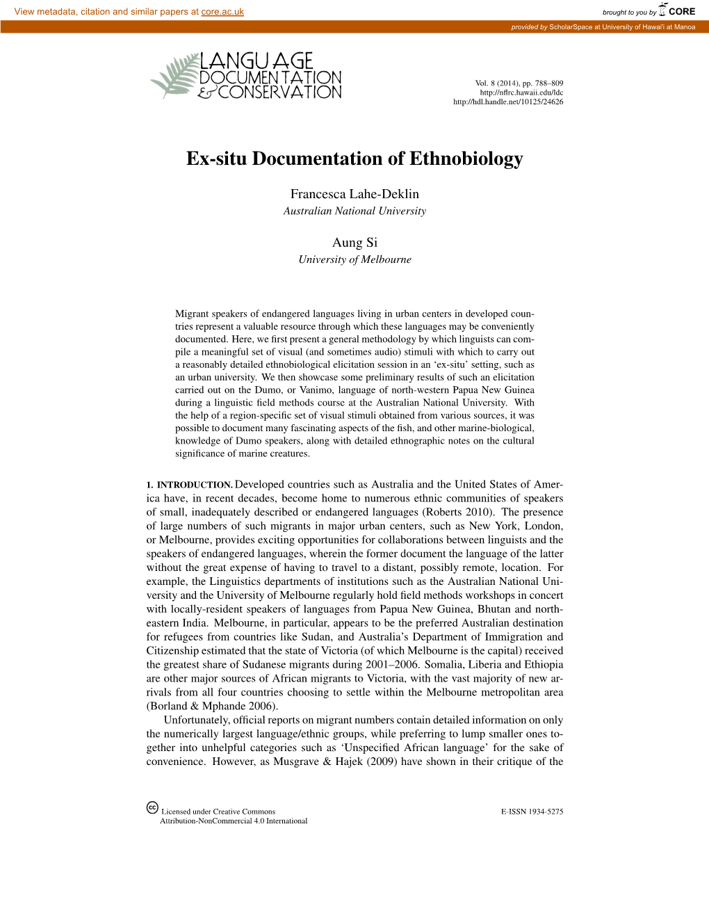 Ex-Situ Documentation of Ethnobiology