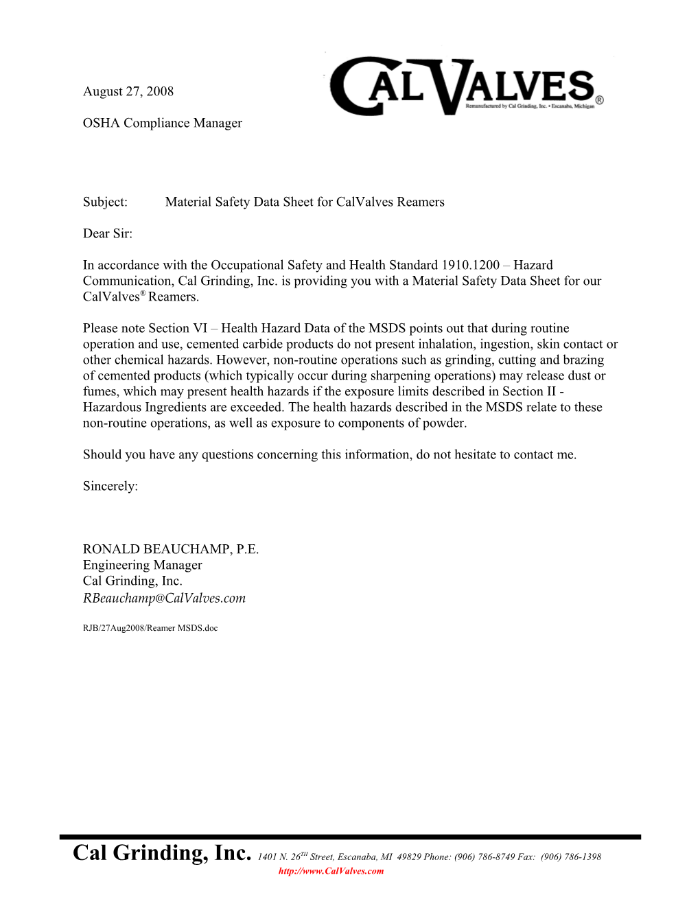 Cal Valves - Material Safety Data Sheet for Calvalves Reamers