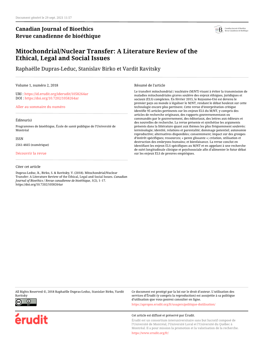Mitochondrial/Nuclear Transfer: a Literature Review of the Ethical, Legal and Social Issues Raphaëlle Dupras-Leduc, Stanislav Birko Et Vardit Ravitsky