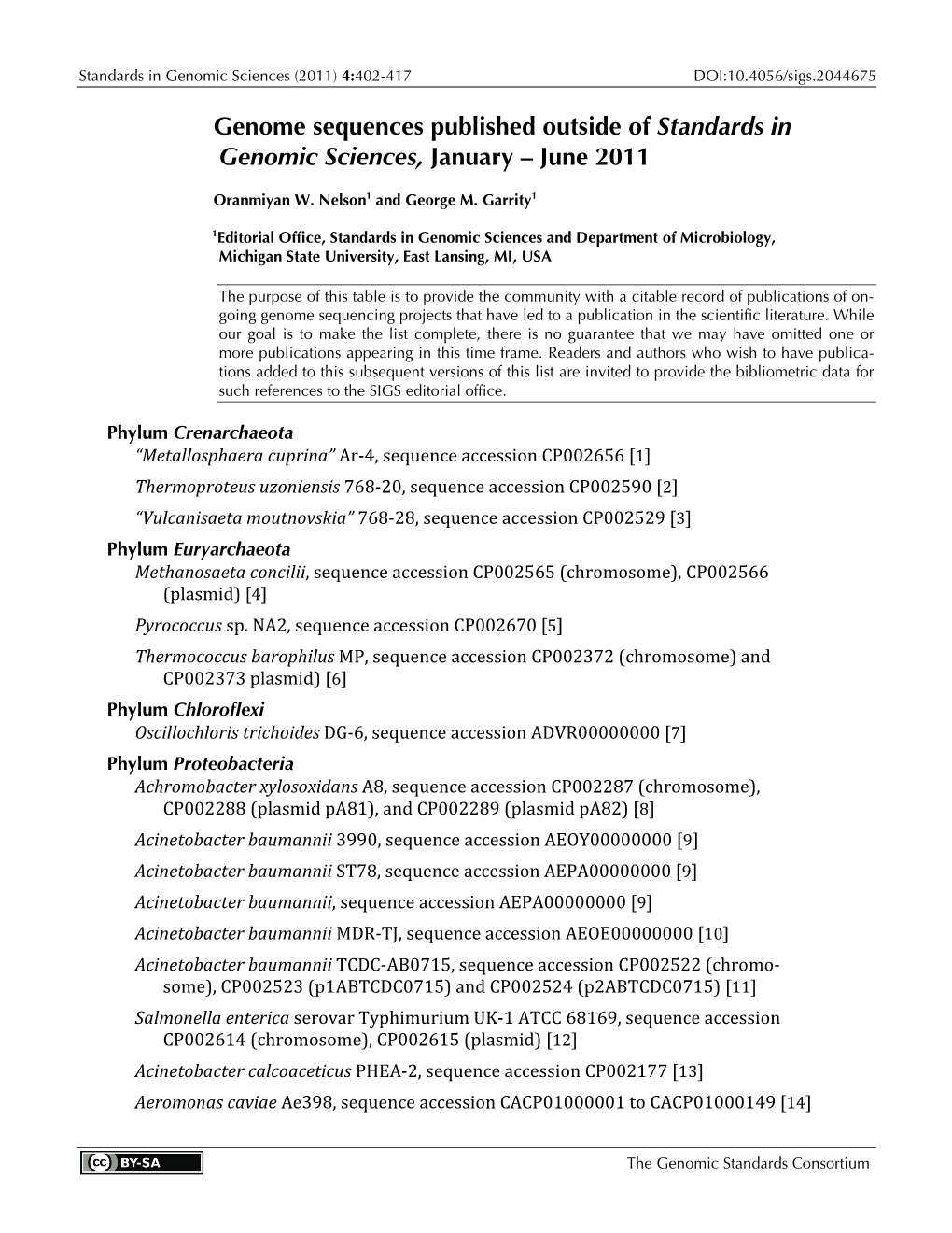 Genome Published Outside of SIGS, January – June 2011 Methylovorus Sp