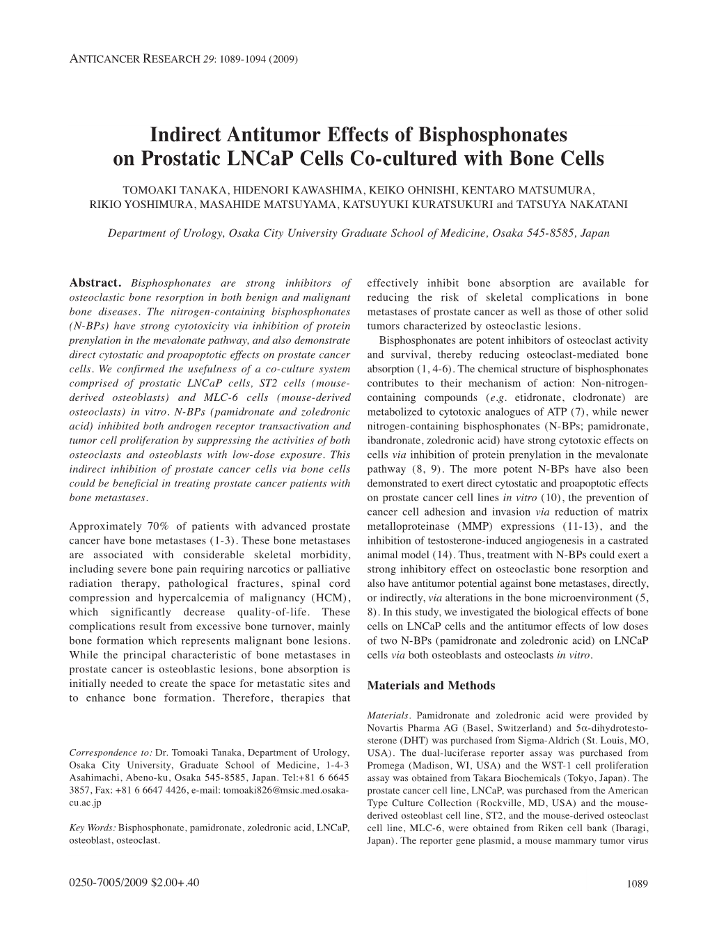 Indirect Antitumor Effects of Bisphosphonates on Prostatic Lncap Cells Co-Cultured with Bone Cells