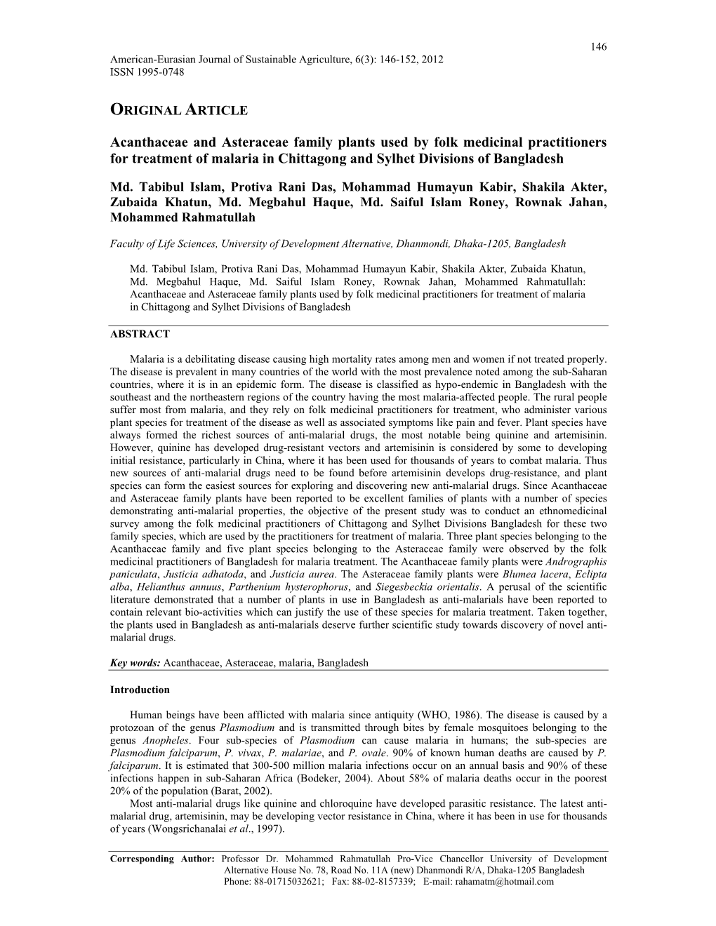 Acanthaceae and Asteraceae Family Plants Used by Folk Medicinal Practitioners for Treatment of Malaria in Chittagong and Sylhet Divisions of Bangladesh