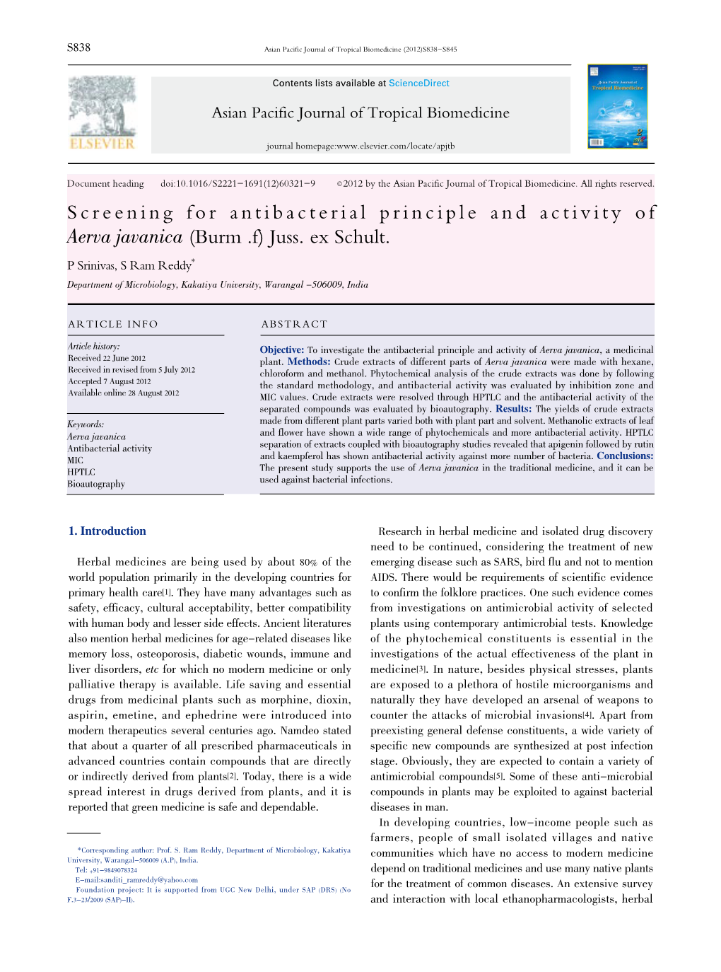 Screening for Antibacterial Principle and Activity of Aerva Javanica (Burm