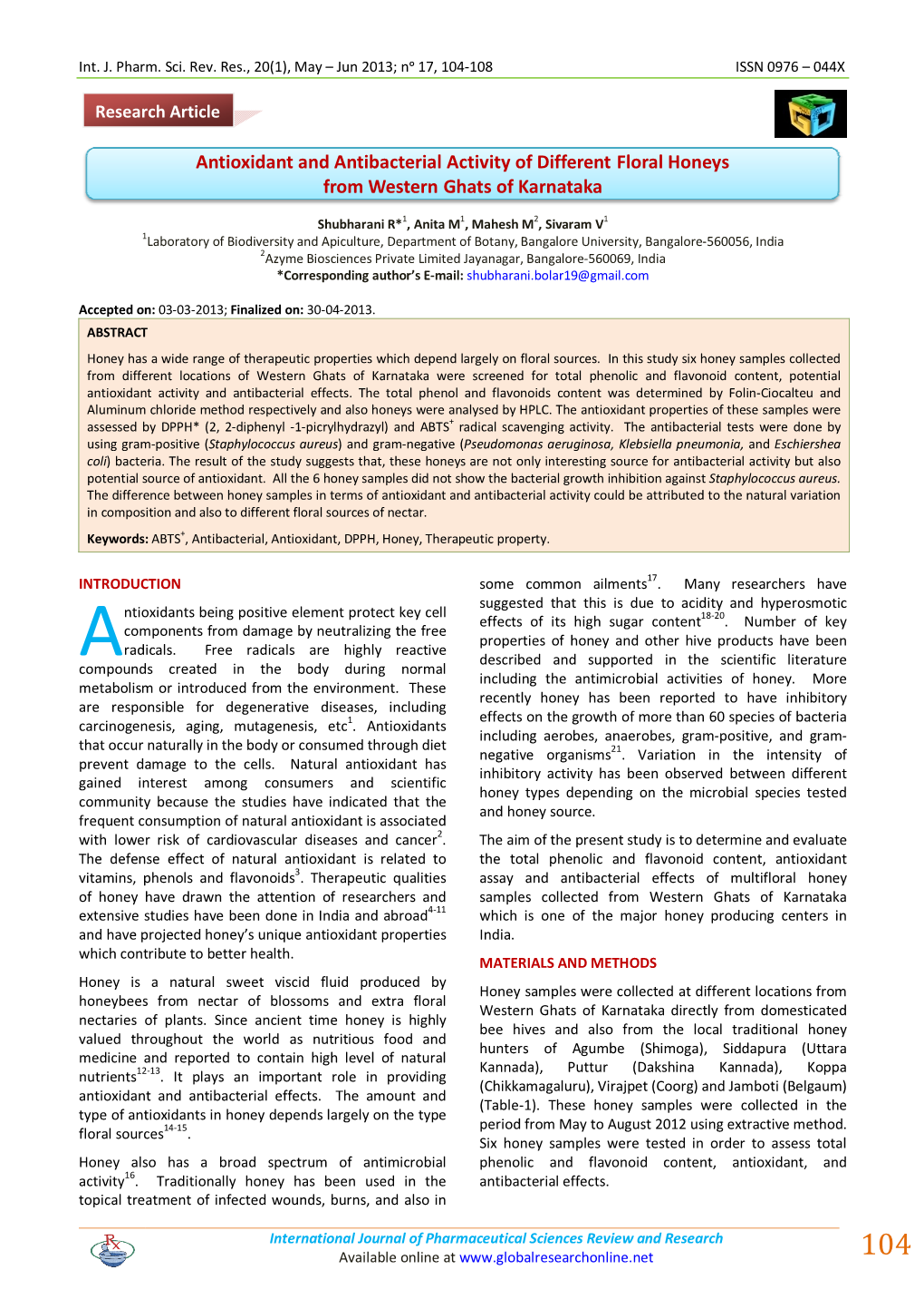 Antioxidant and Antibacterial Activity of Different Floral Honeys from Western Ghats of Karnataka