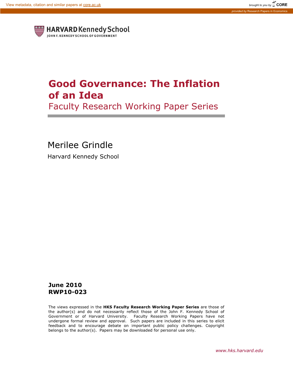 Good Governance: the Inflation of an Idea Faculty Research Working Paper Series