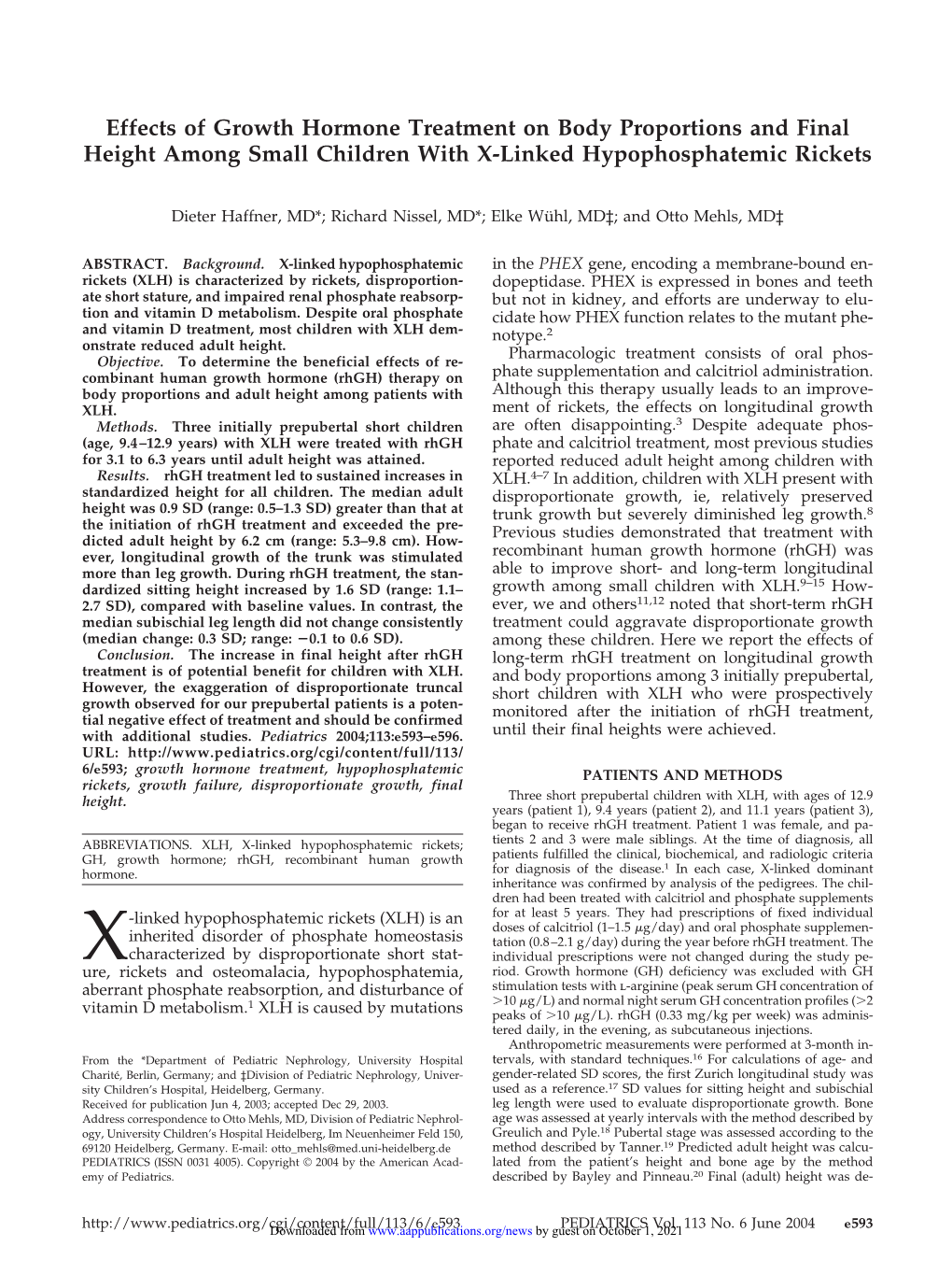 Effects of Growth Hormone Treatment on Body Proportions and Final Height Among Small Children with X-Linked Hypophosphatemic Rickets