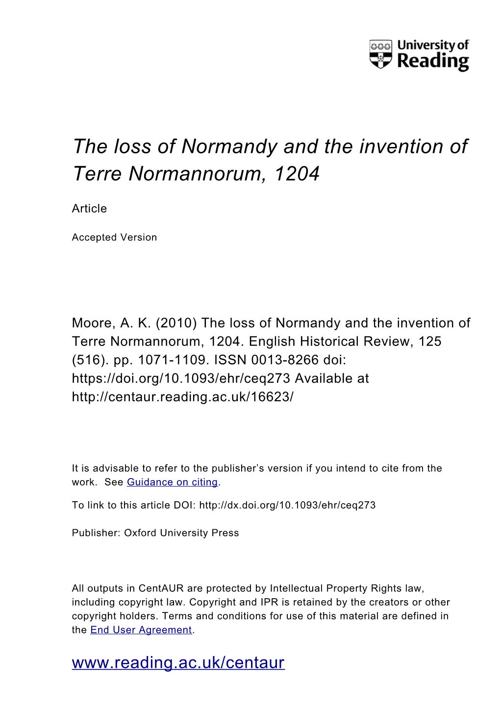 The Loss of Normandy and the Invention of Terre Normannorum, 1204