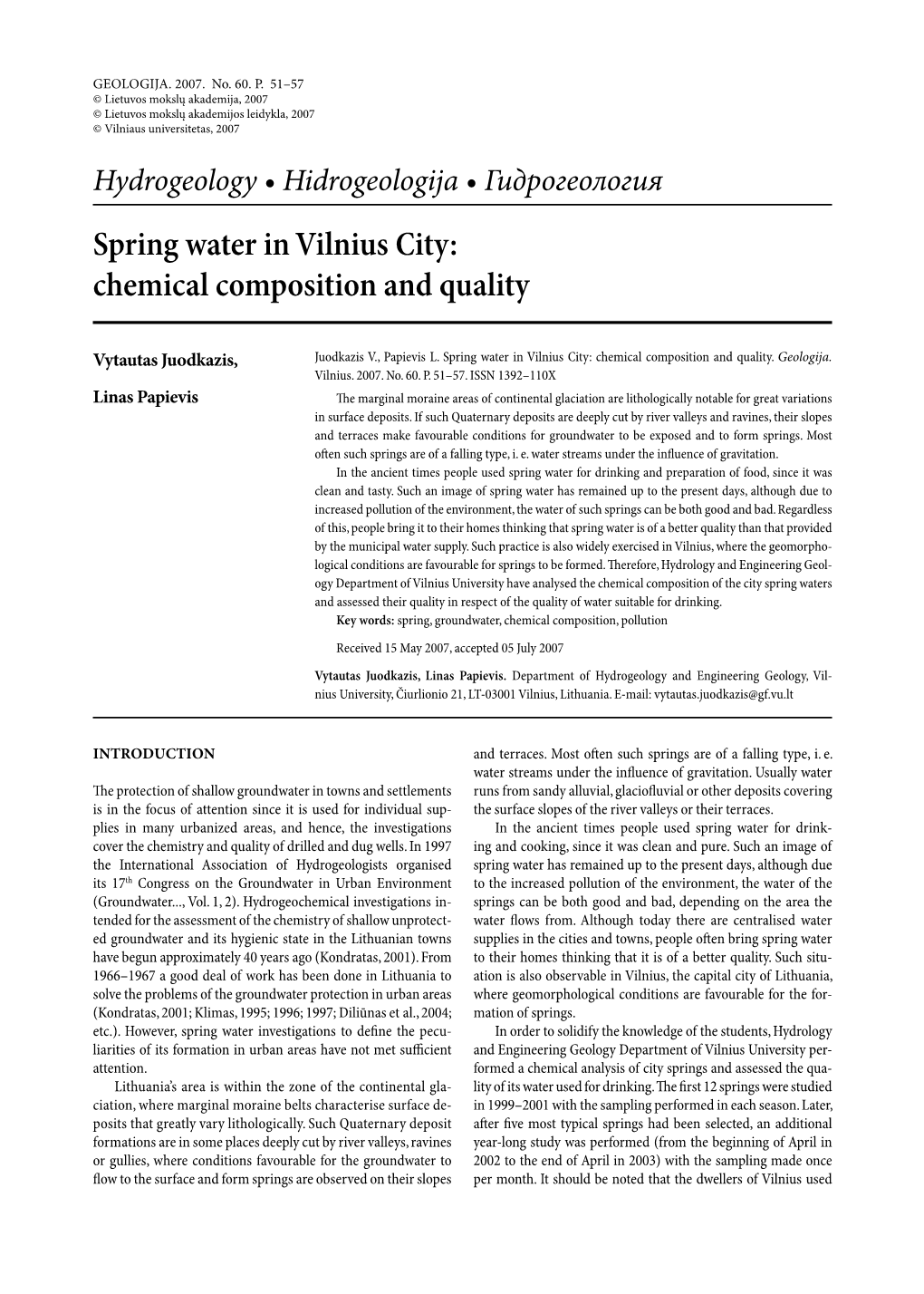 Spring Water in Vilnius City: Chemical Composition and Quality