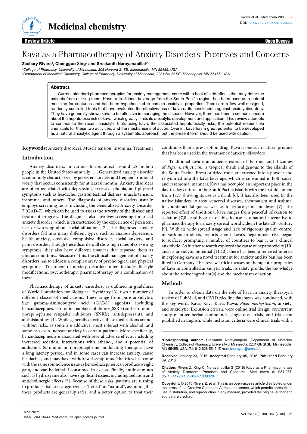 Kava As a Pharmacotherapy of Anxiety