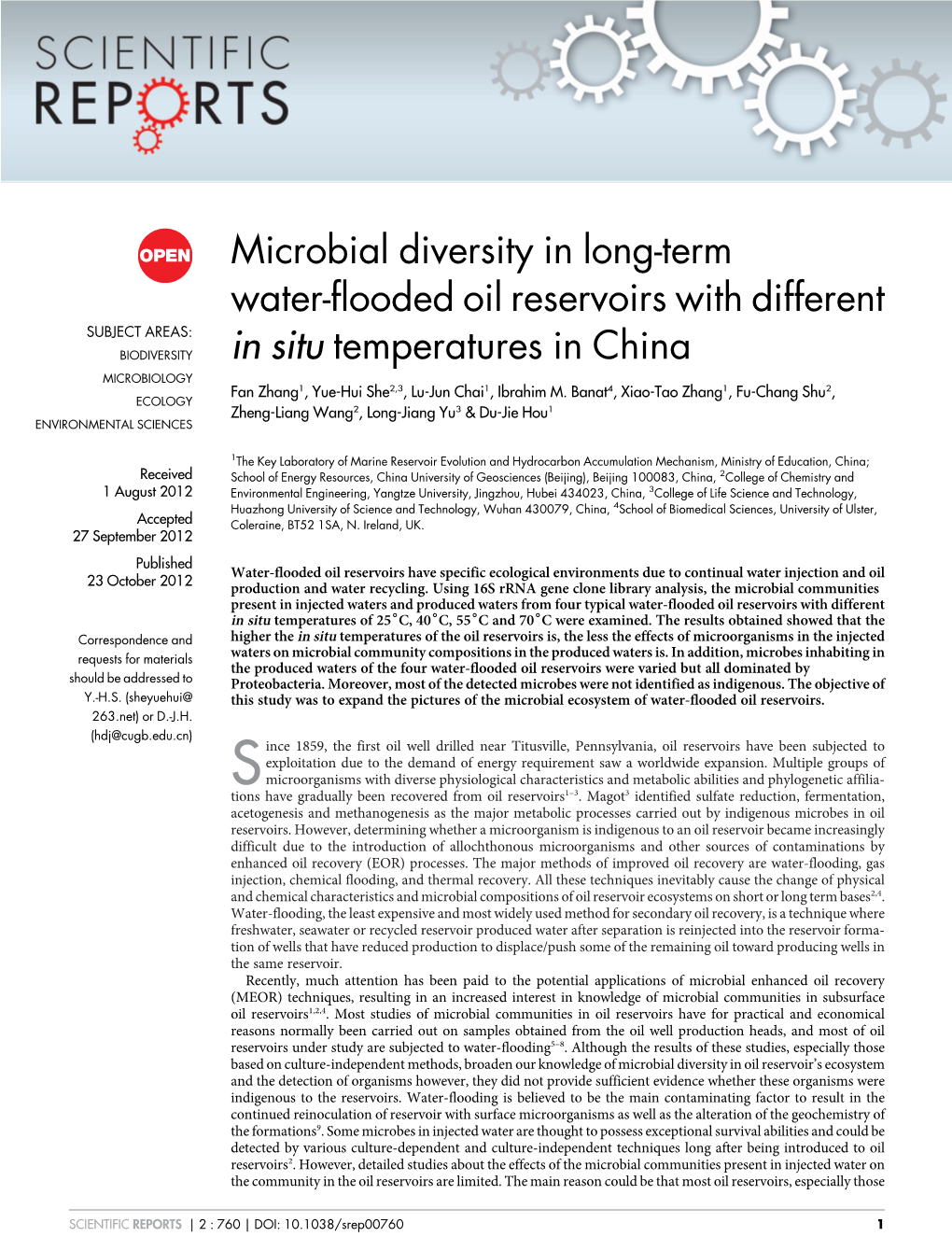 Microbial Diversity in Long-Term Water-Flooded Oil Reservoirs with Different in Situ Temperatures in China