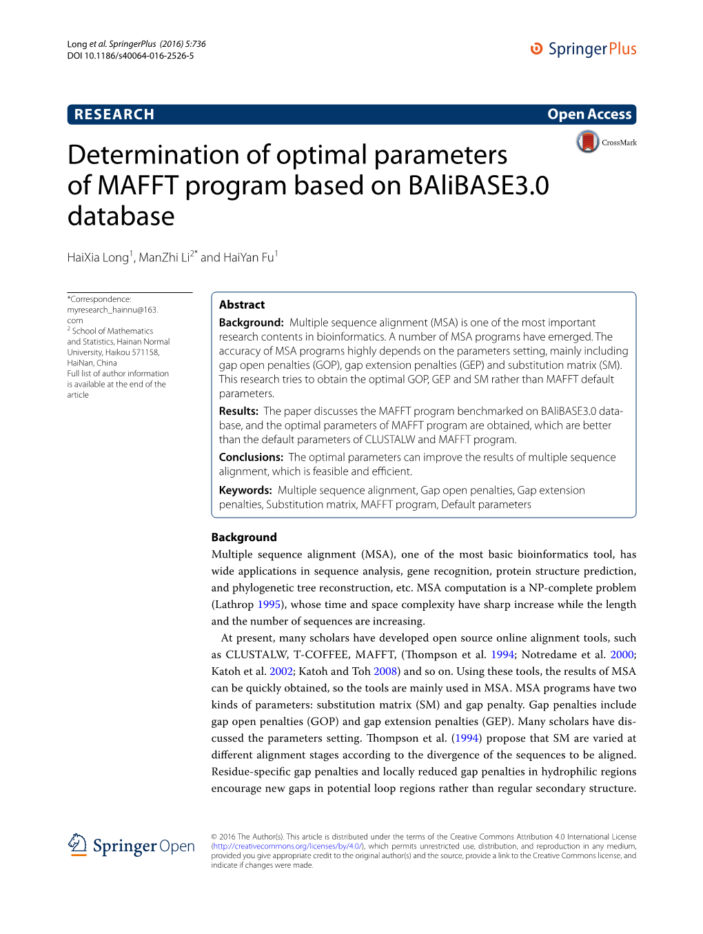 Determination of Optimal Parameters of MAFFT Program Based on Balibase3.0 Database