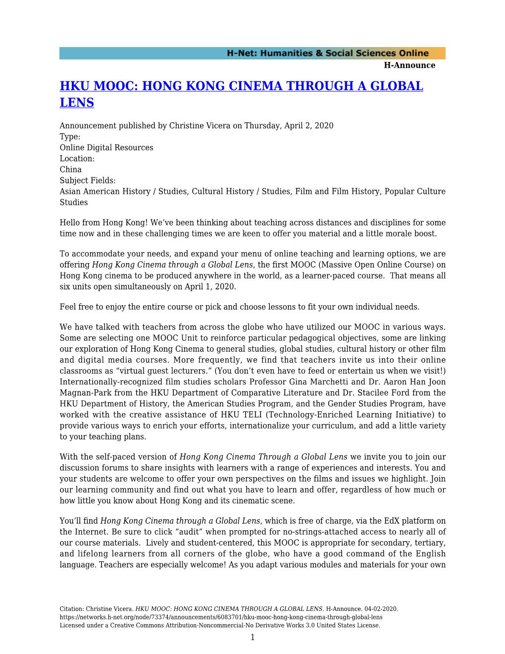 Hku Mooc: Hong Kong Cinema Through a Global Lens