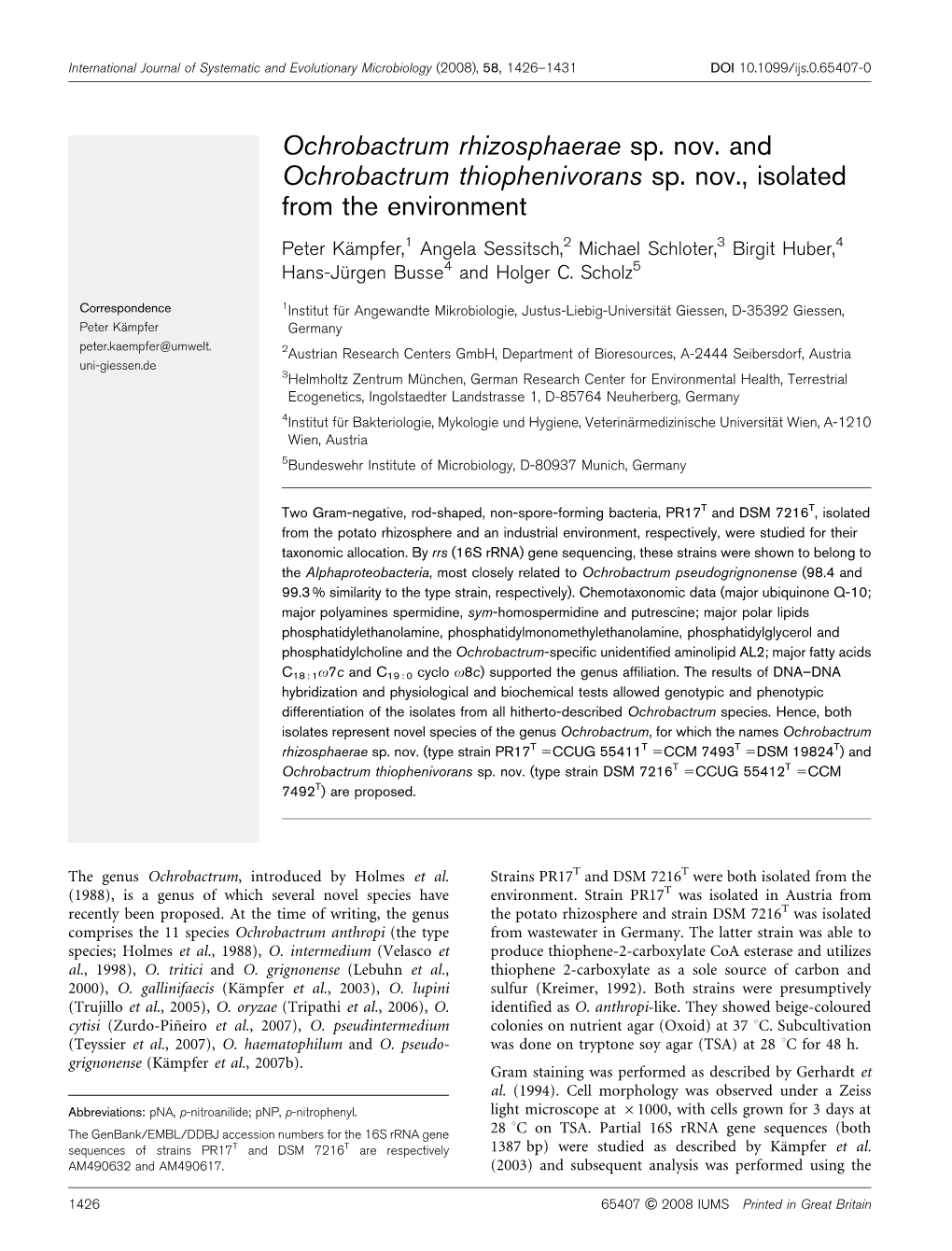 Ochrobactrum Rhizosphaerae Sp. Nov. and Ochrobactrum Thiophenivorans Sp